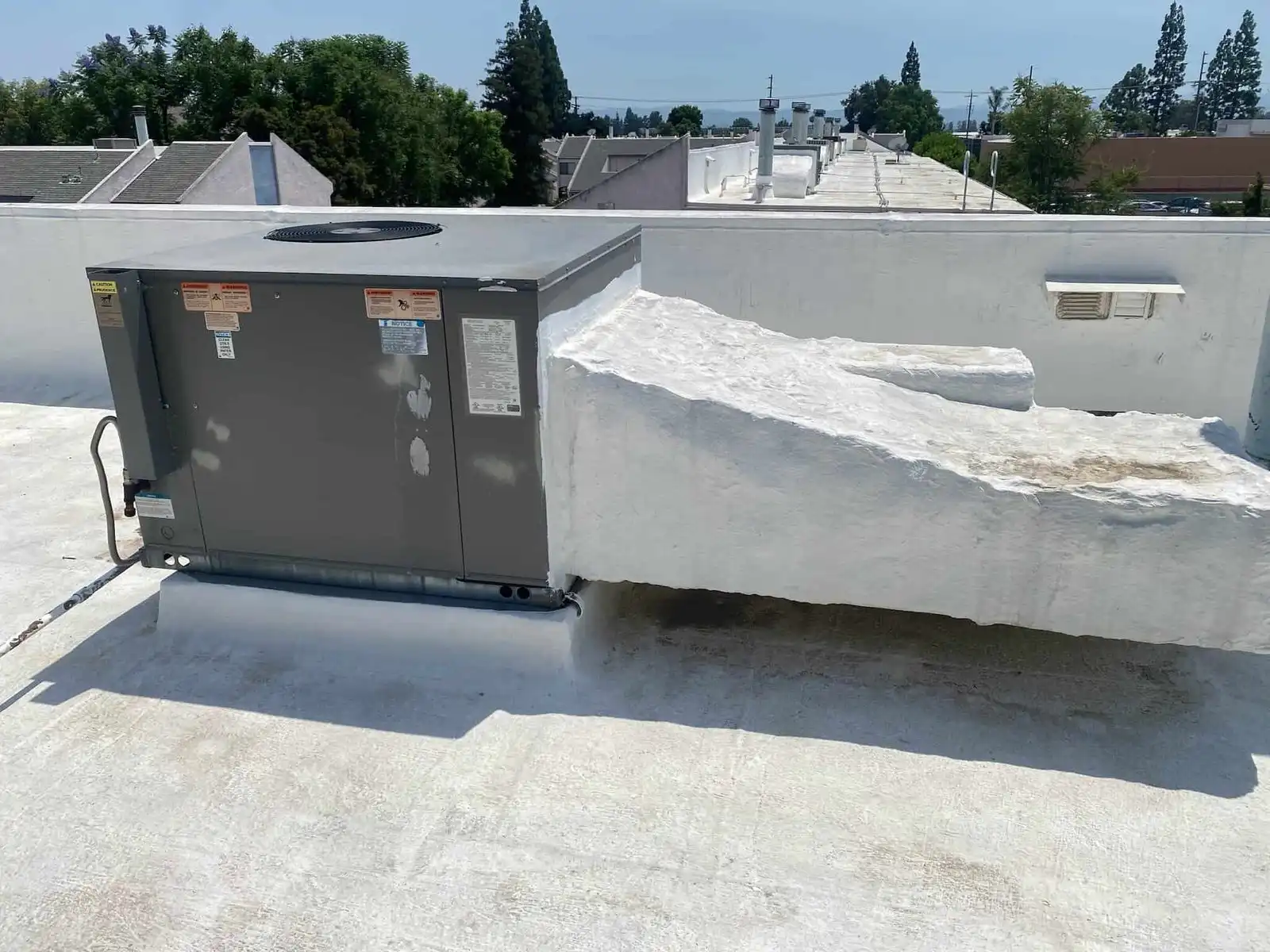 Outdoor HVAC unit installed on a rooftop in Los Angeles with a white, textured parapet wall.