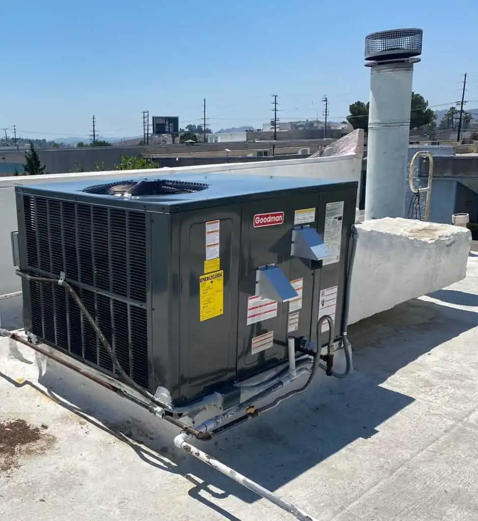High-efficiency rooftop air conditioning unit on a commercial building in Los Angeles.