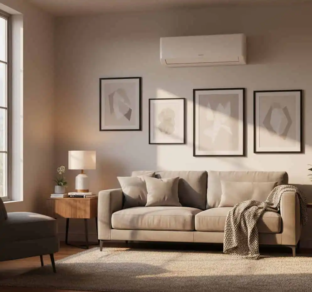 White, ductless mini-split AC unit mounted on a light gray wall in a modern, cozy living room