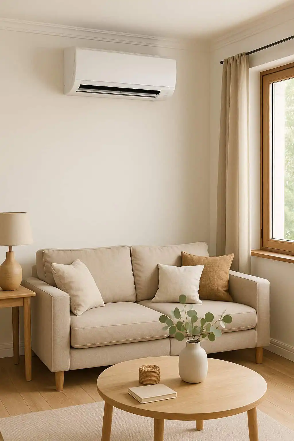 HVAC wall-mounted air conditioning unit in a living room, beige sofa, wooden coffee table, and window.