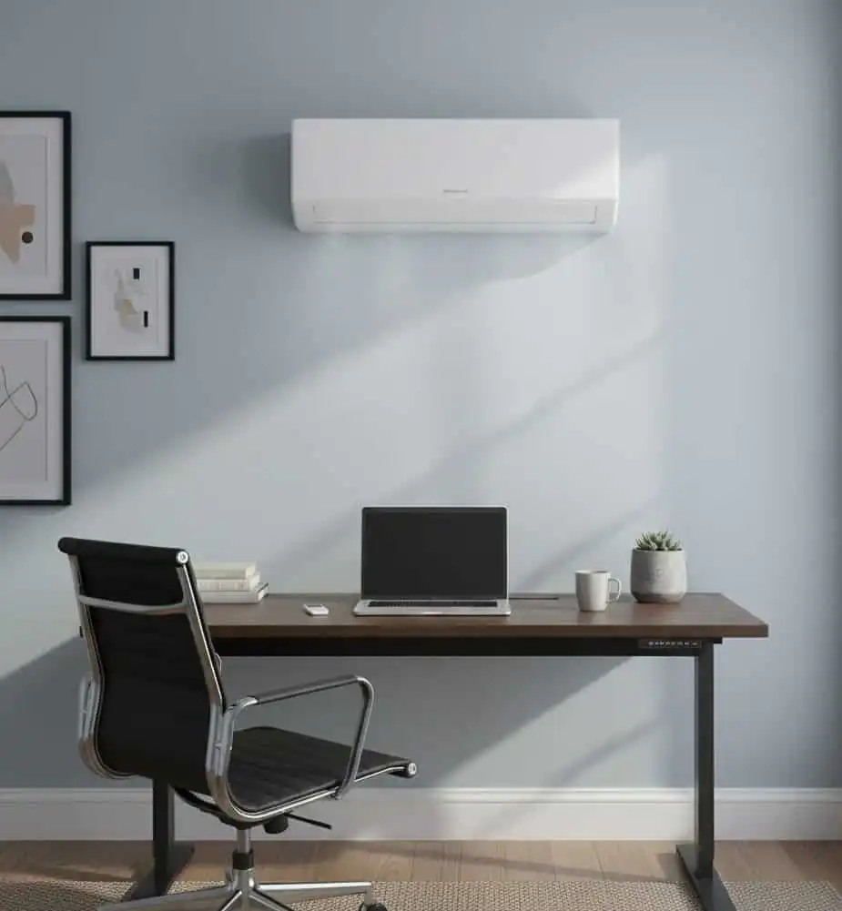 A sleek, white ductless mini-split air conditioner mounted on the wall of a well-lit, modern home office.
