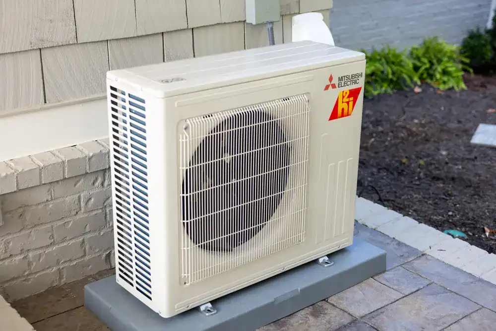 Mitsubishi Electric outdoor HVAC unit on a residential patio in Los Angeles.
