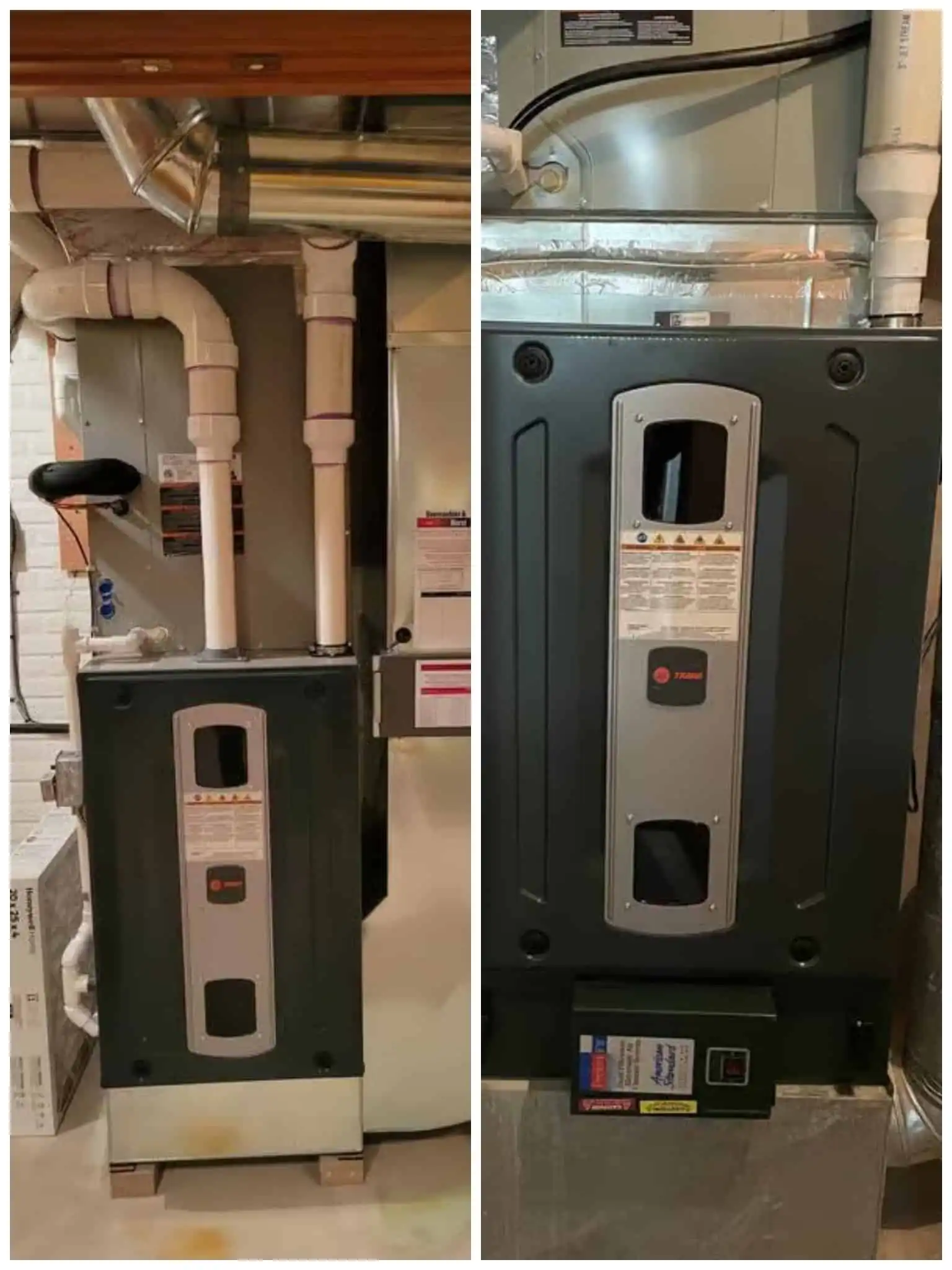 High-efficiency HVAC furnace unit installed in a Los Angeles basement for heating and cooling needs.
