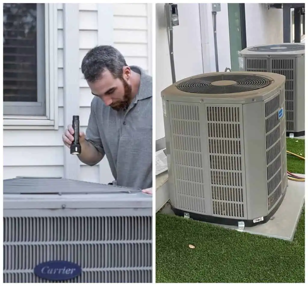 HVAC technician inspecting outdoor air conditioning unit in Los Angeles area.
