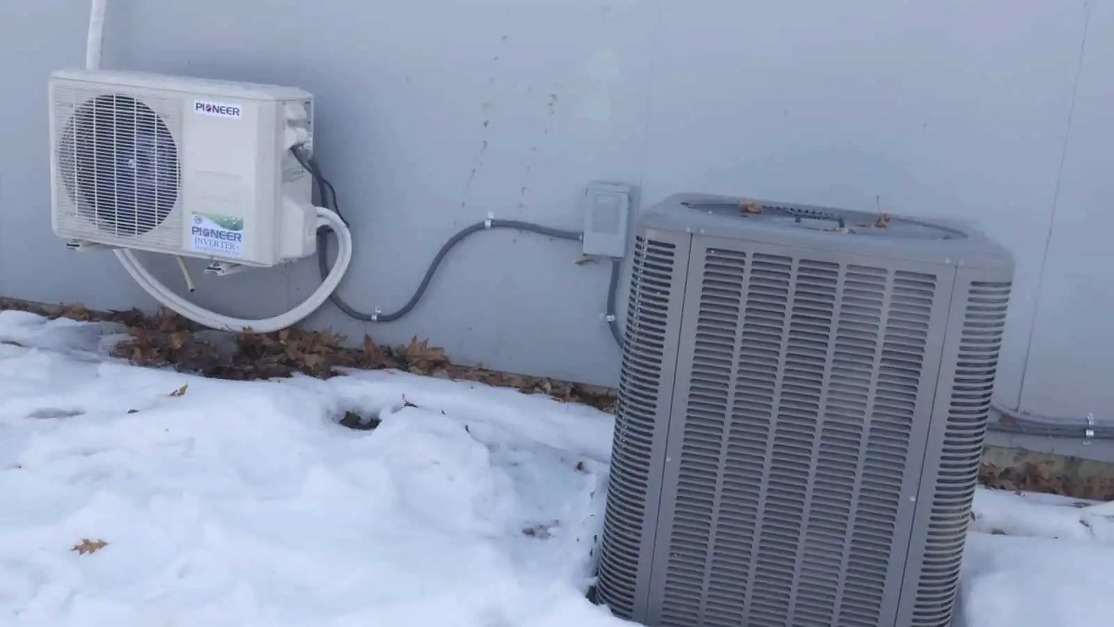 High-efficiency HVAC outside unit installation in Los Angeles and Ventura County in winter.