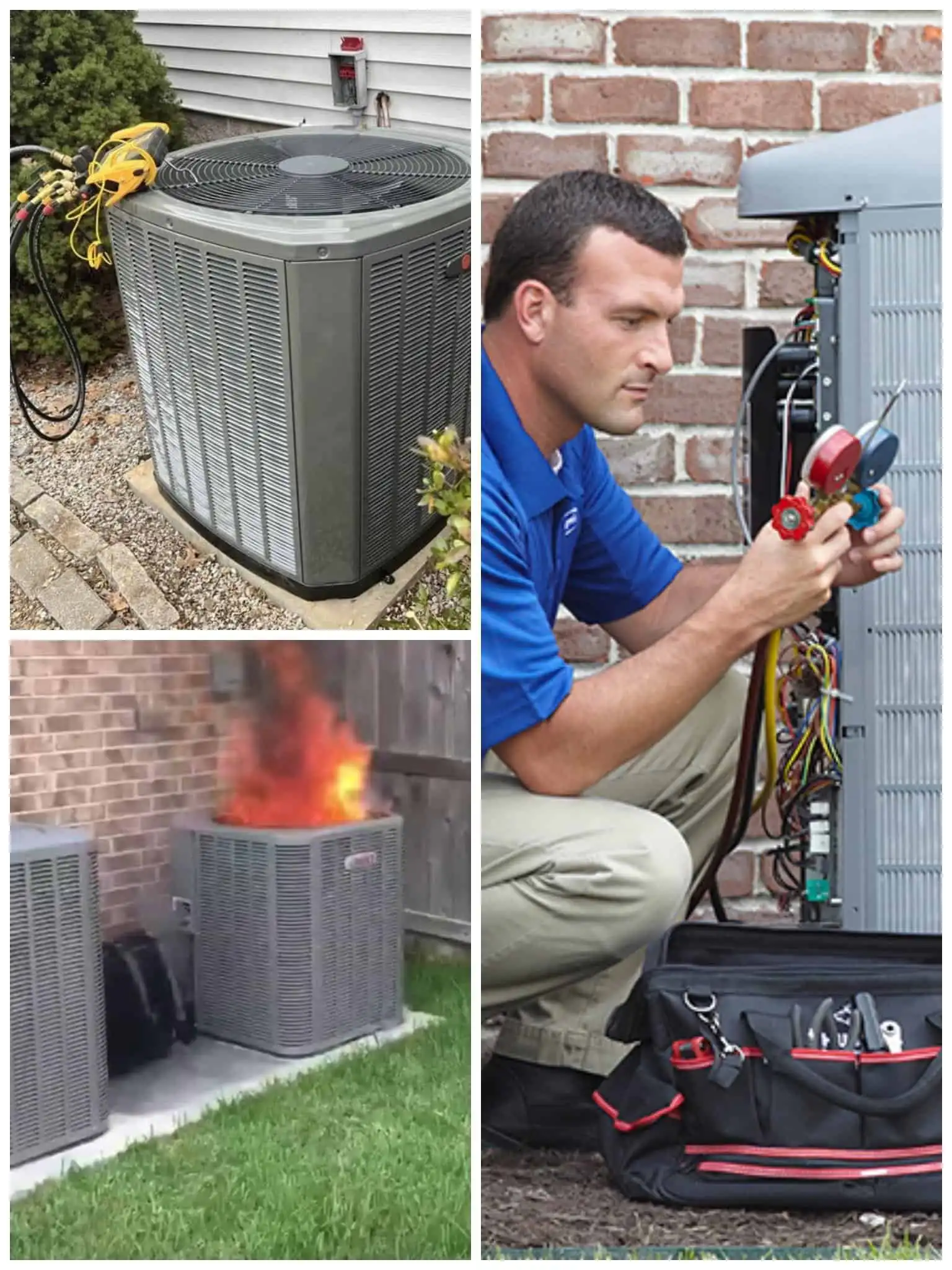 Outdoor HVAC unit installation in Ventura County. HVAC technician repairing a central air conditioner. Emergency HVAC repair caused fire.