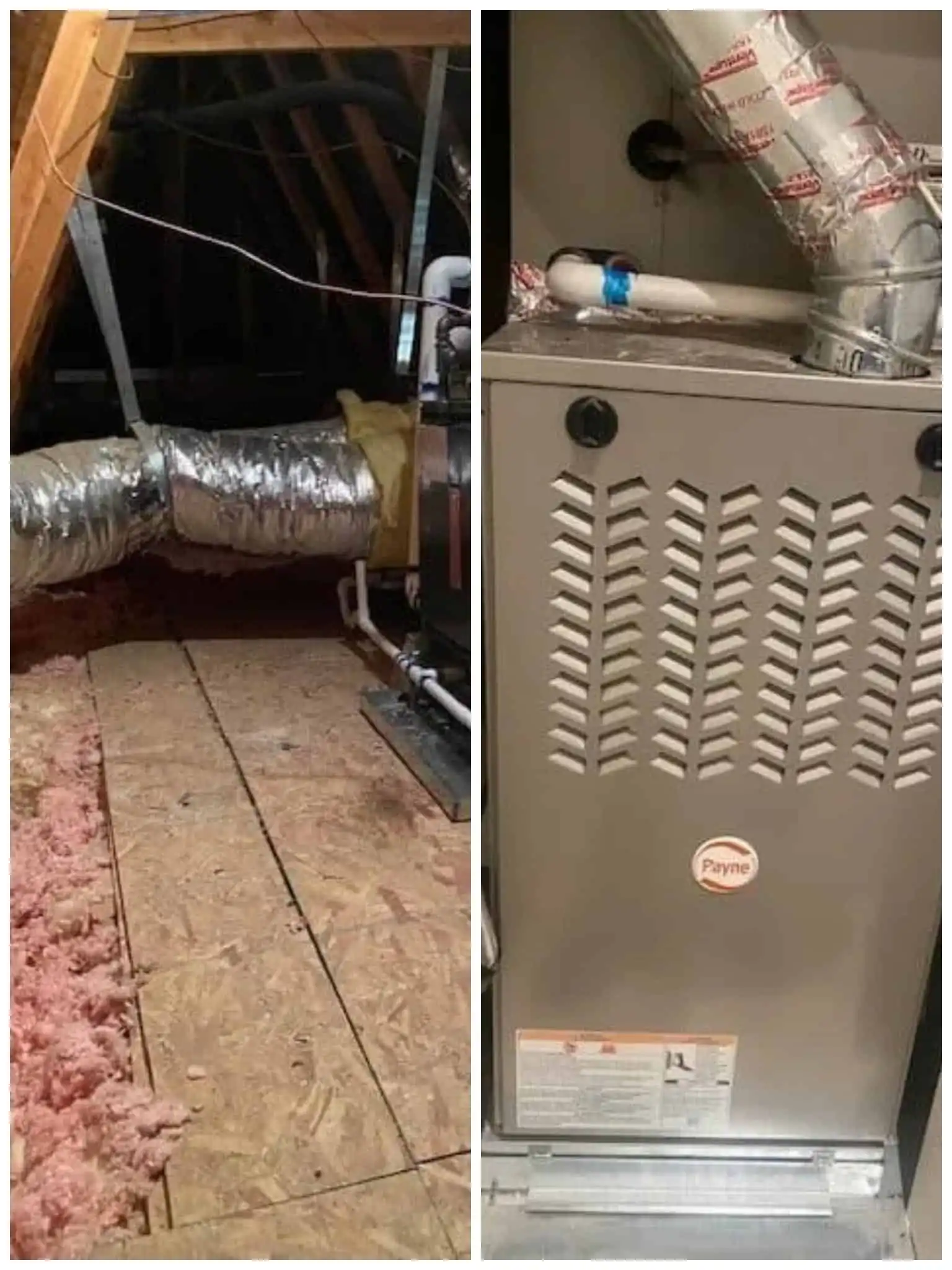Flexible ductwork installation in attic, HVAC furnace setup in Los Angeles.