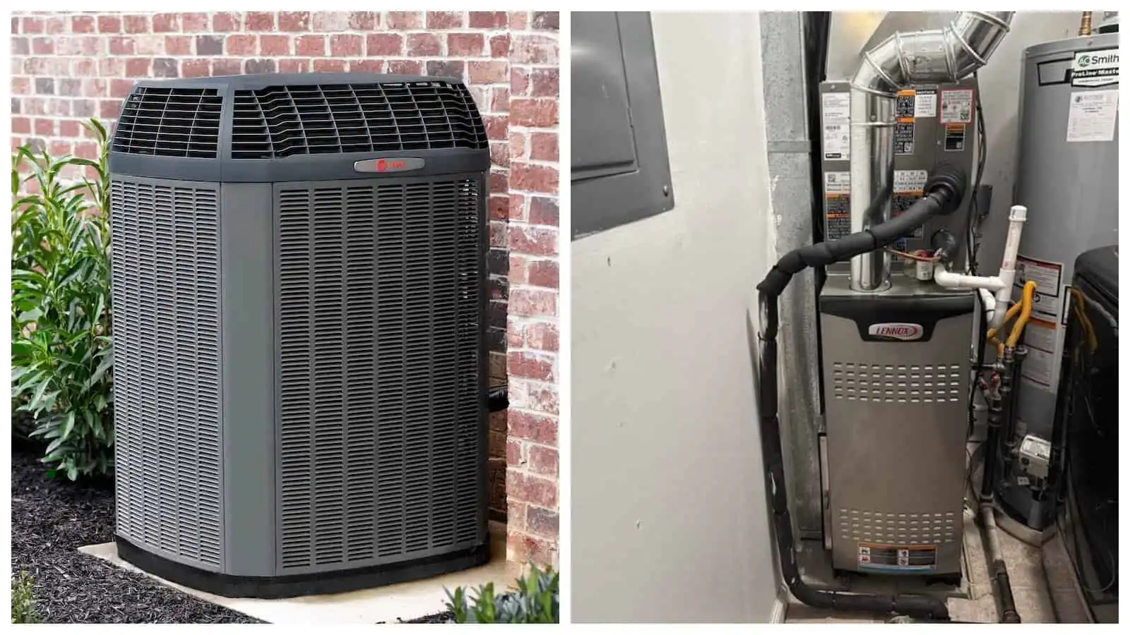 Image of a modern heat pump outside a building; the other side shows indoor HVAC equipment with ductwork and components,both professionally installed by Reliable HVAC professionals.