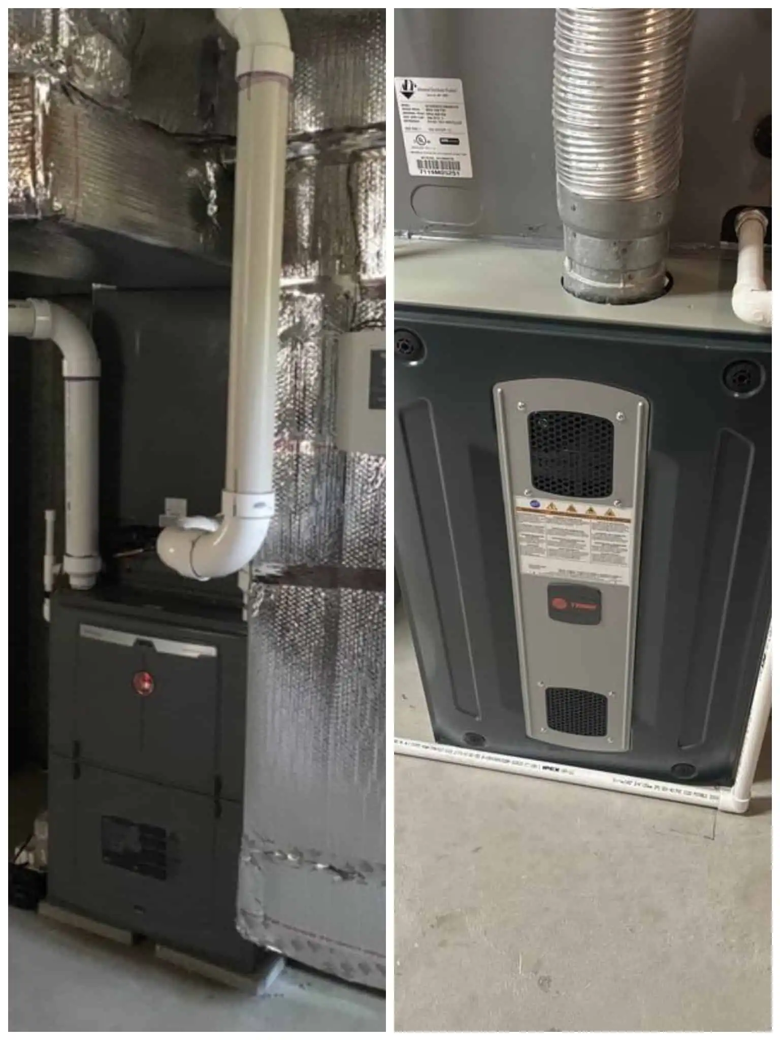 High-efficiency furnace installation in basement with ductwork and insulation in a Camarillo property.