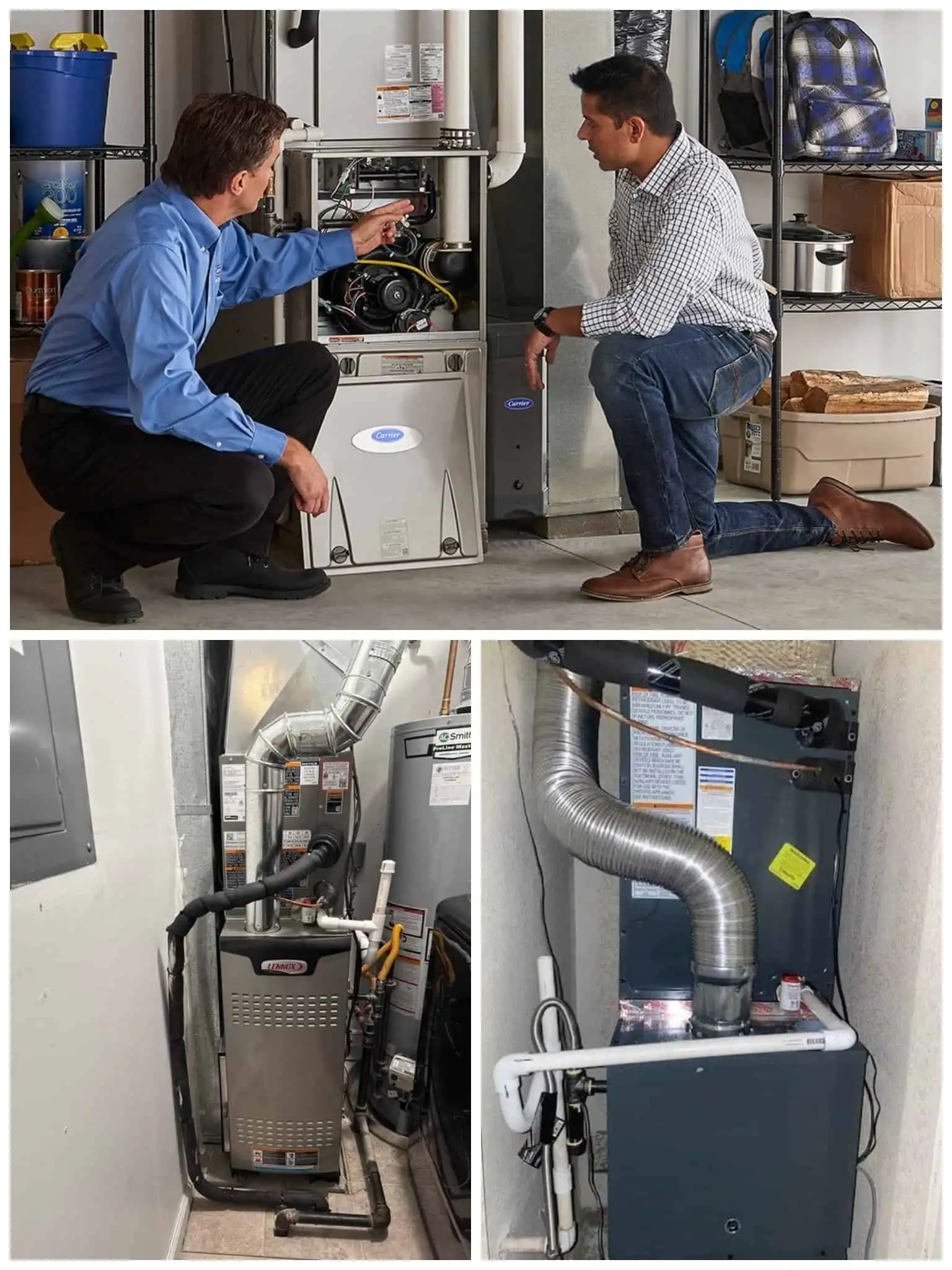 High-efficiency HVAC system service and repair in a basement setting.