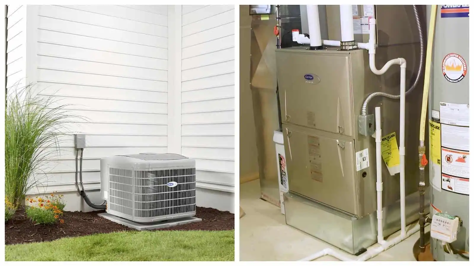 High-efficiency air conditioner outside and furnace unit indoors in a utility room.