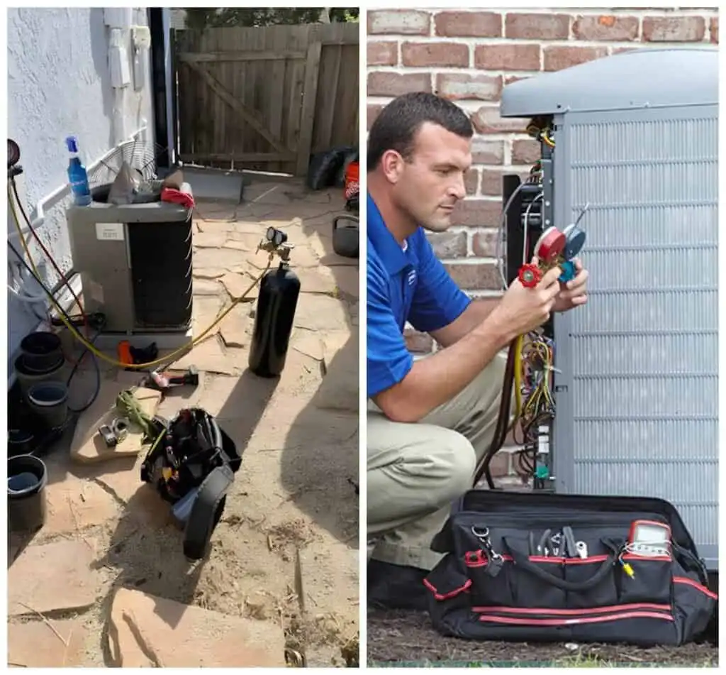 High-quality HVAC repair technician working on an outdoor air conditioning unit.