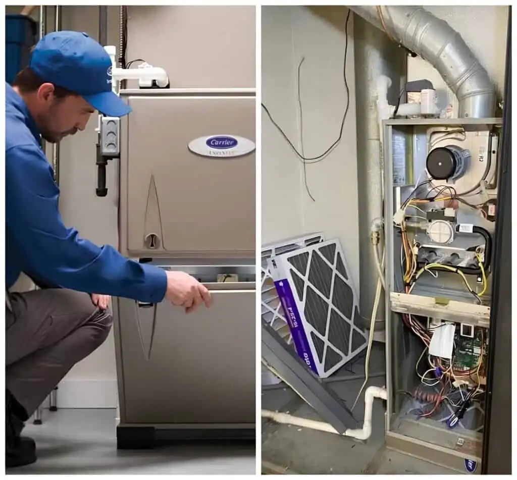 A Reliable HVAC technician working on a Carrier furnace and an exposed HVAC system with wiring and components.