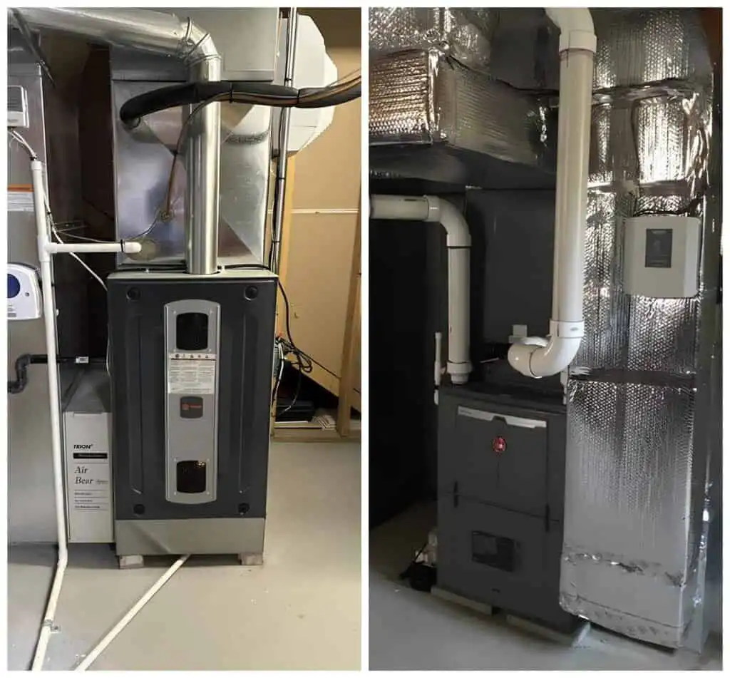 High-efficiency furnace installation in basement, new HVAC system, professional service, home comfort upgrade.