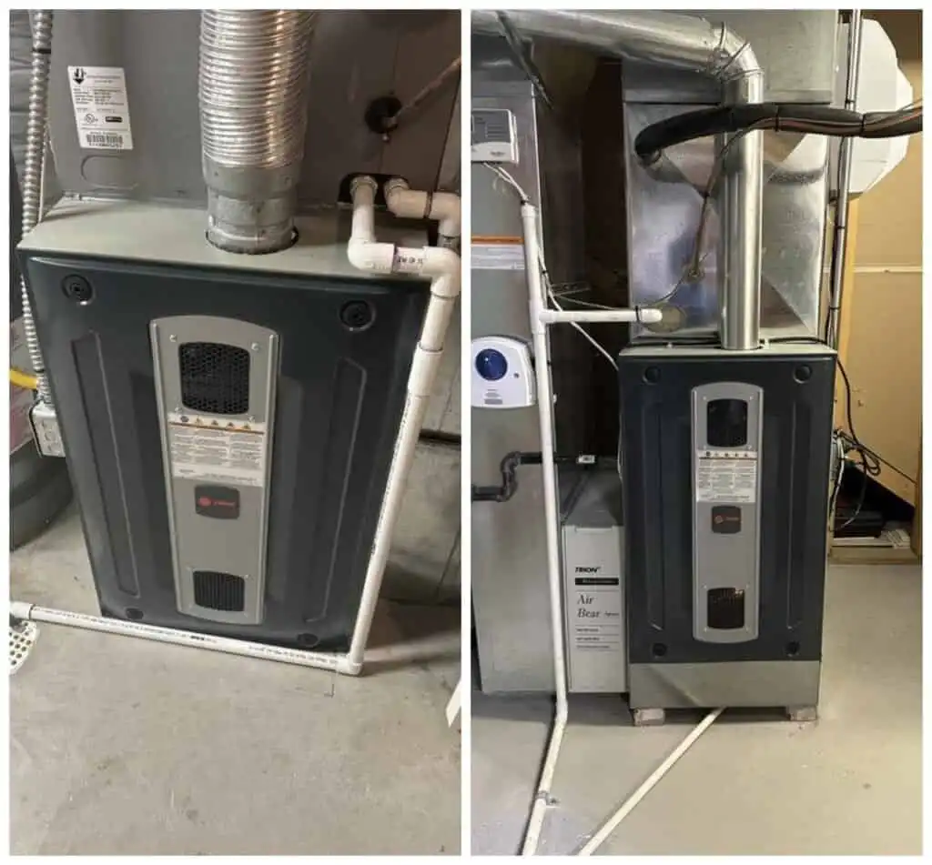 High-efficiency furnace installation in basement installation near utility area.