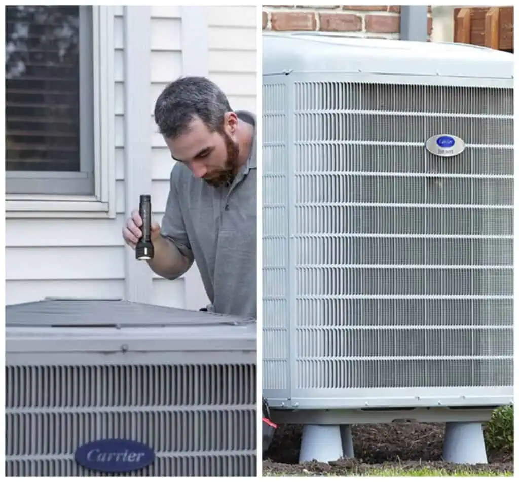 High-efficiency HVAC system maintenance and service technician in backyard.