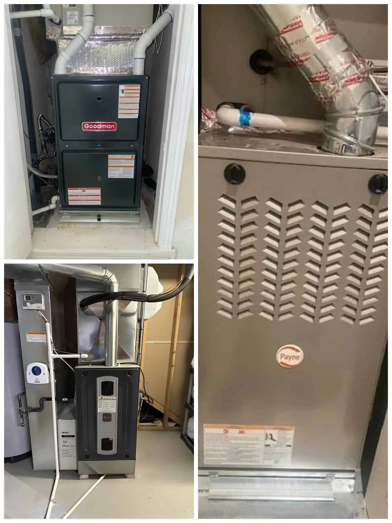 Furnace installation in basement, HVAC unit with ductwork and vent systems.