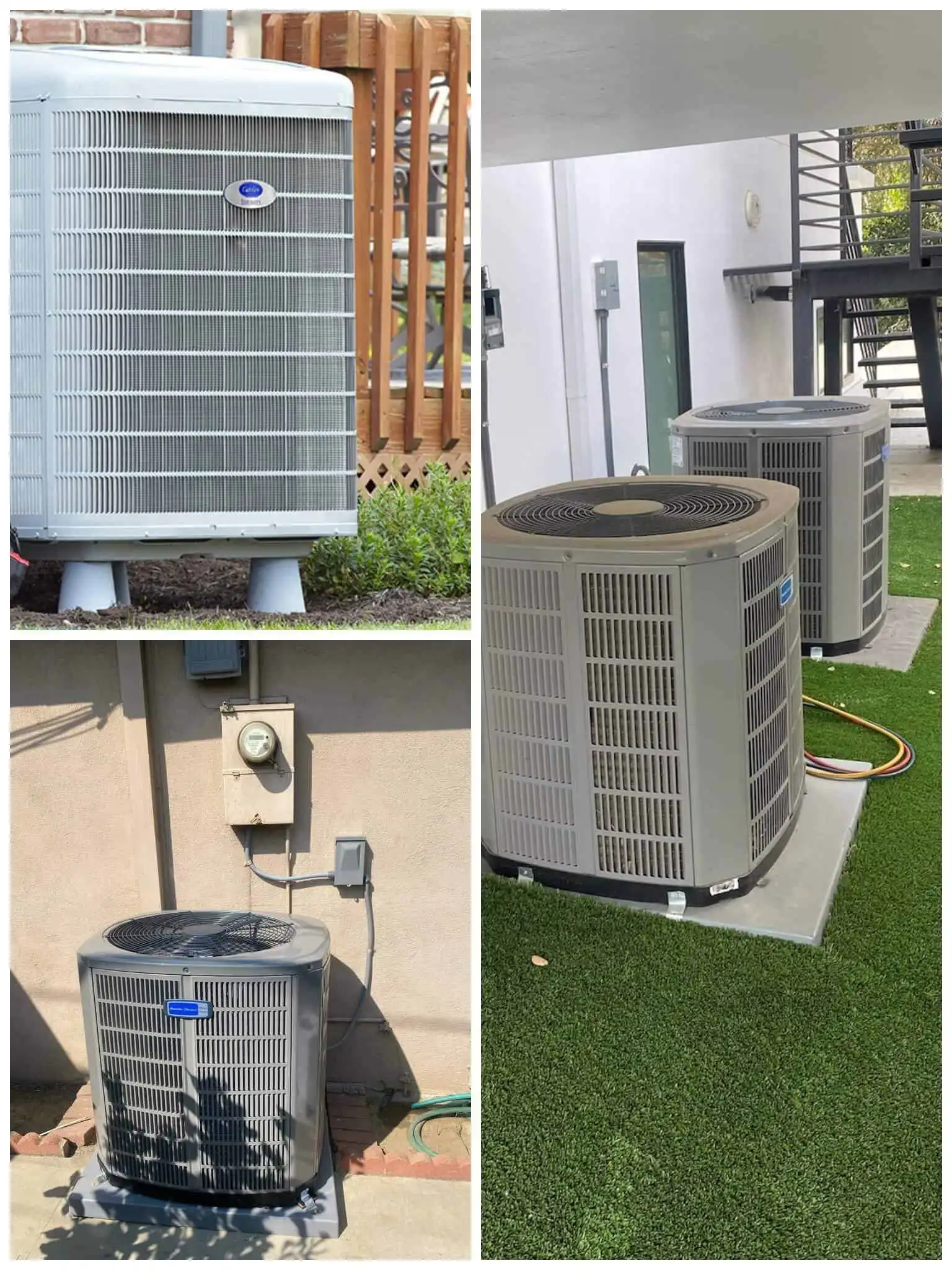 High-efficiency AC units on various residential properties in backyard and exterior settings.