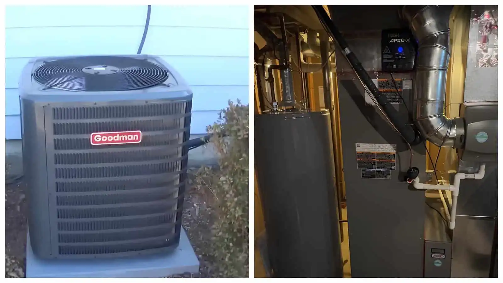 High-efficiency Goodman outdoor AC unit in backyard | Indoor furnace and HVAC system in basement.