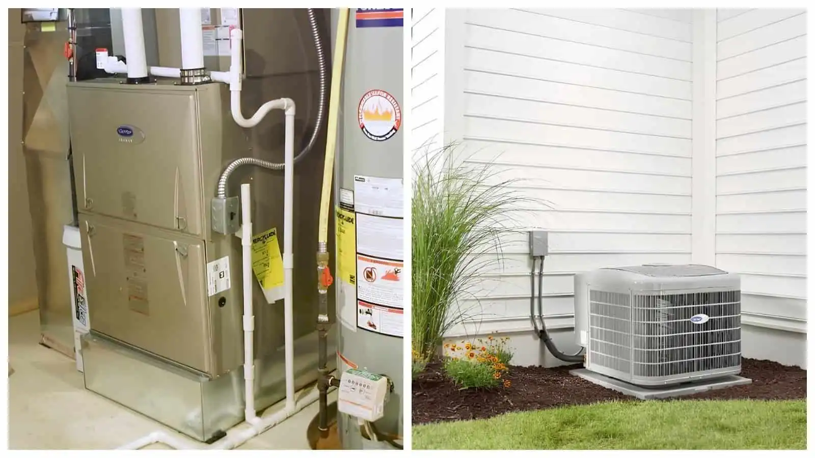 High-efficiency HVAC system and outdoor air conditioning unit in a residential setting.