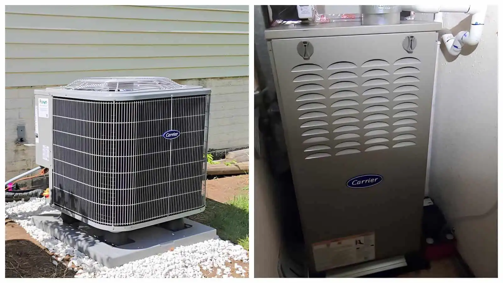 Outdoor professional residential heat pump installation, and indoor furnace installation.