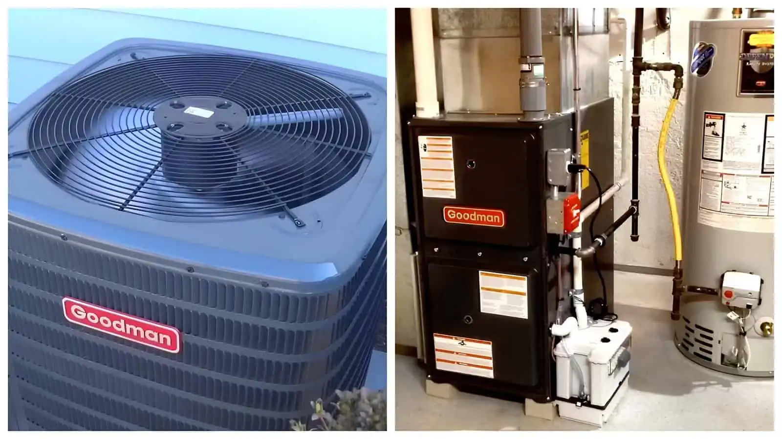 High-efficiency HVAC units and furnace system installation featuring Goodman brand appliances.