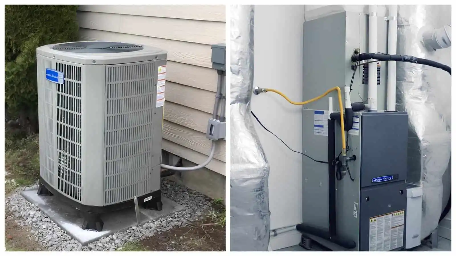 Side by side view of a high-efficiency heat pump and an indoor furnace installation 