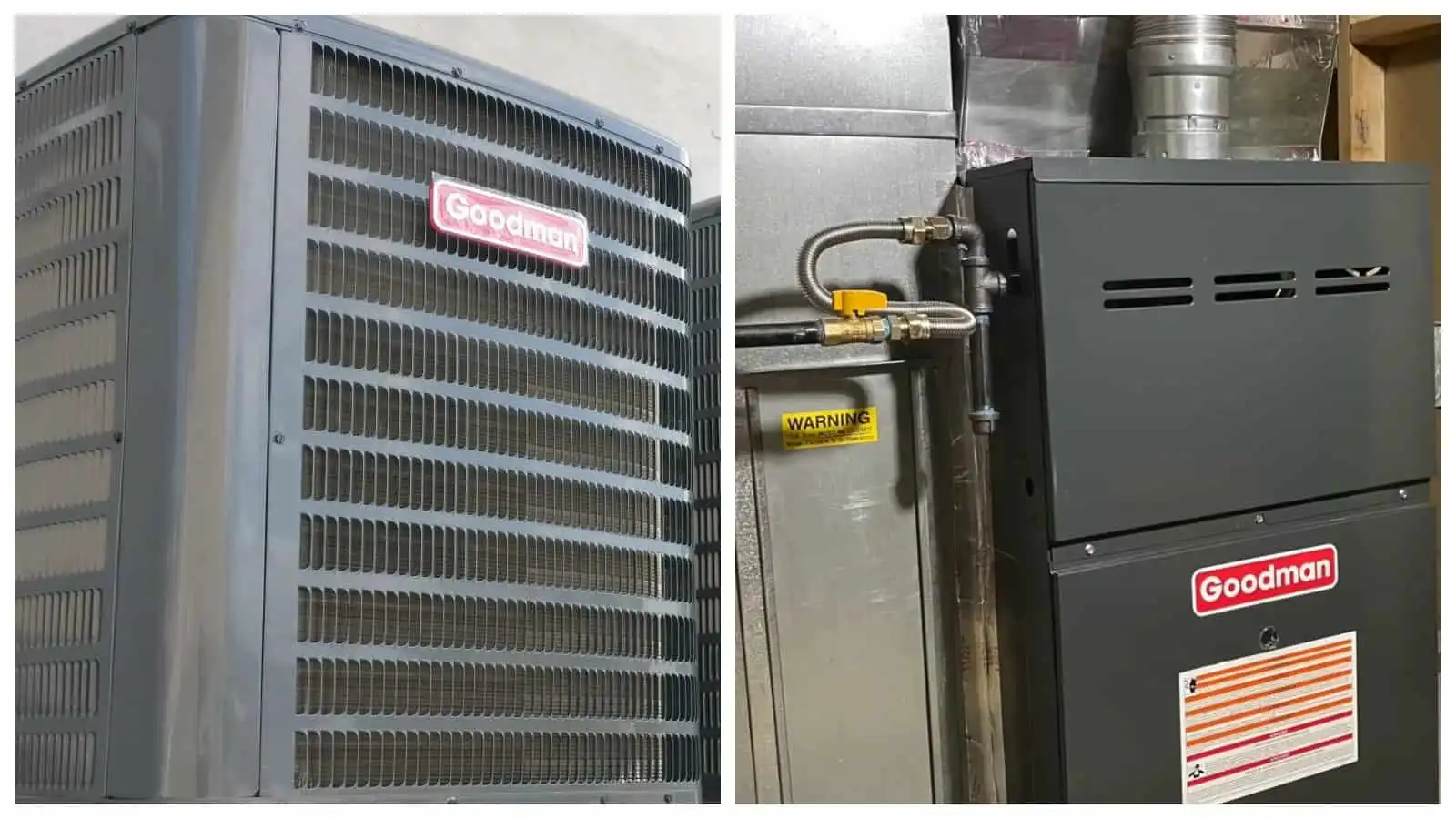 - Classic Goodman air conditioner unit with a large grille, ideal for residential or commercial use alongside a Goodman brand furnace.