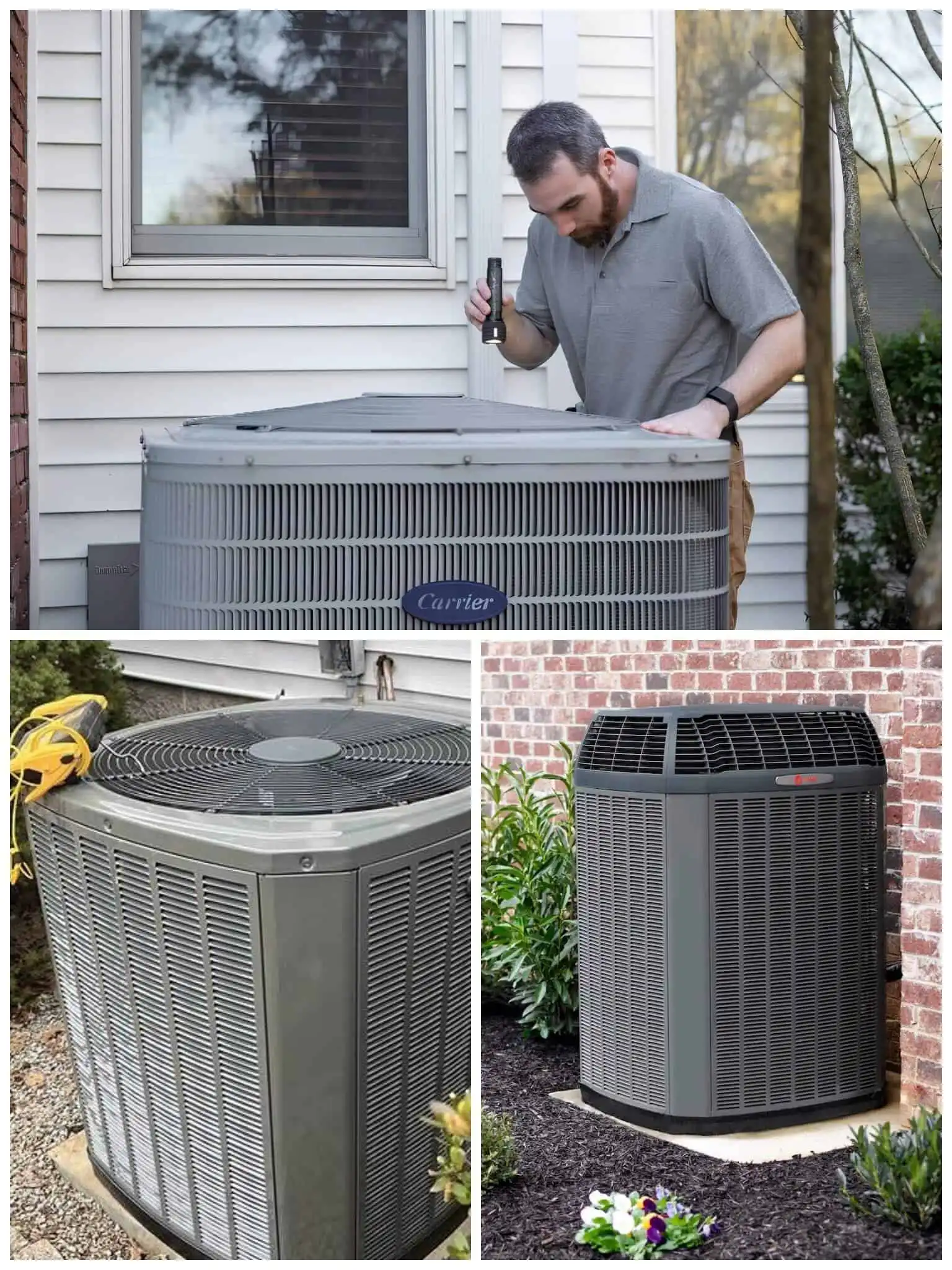 AC unit maintenance technician inspecting an outdoor air conditioning unit outside a house.