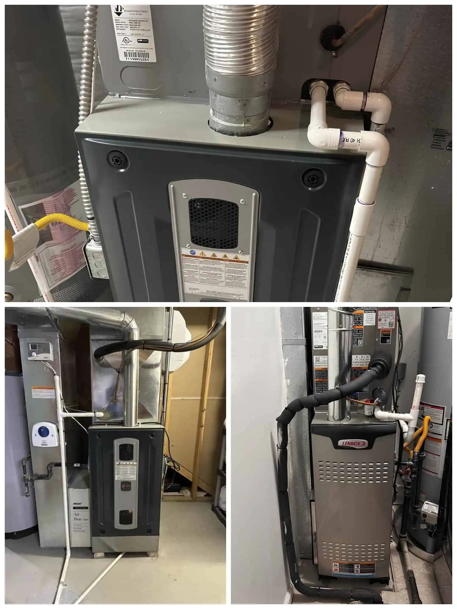 HVAC furnace and ventilation system components in utility room.