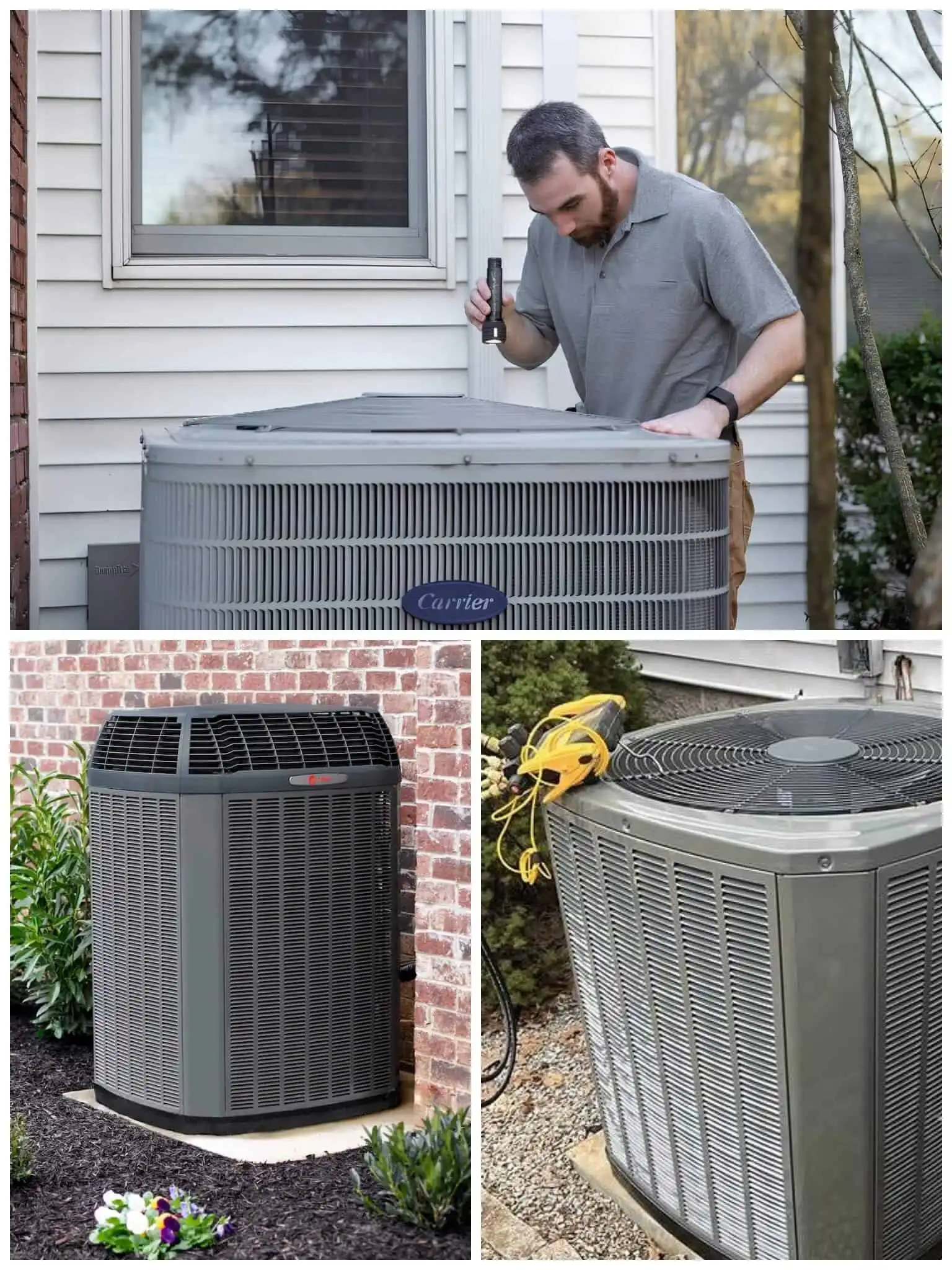 AC repair service technician inspecting an outdoor air conditioning unit.