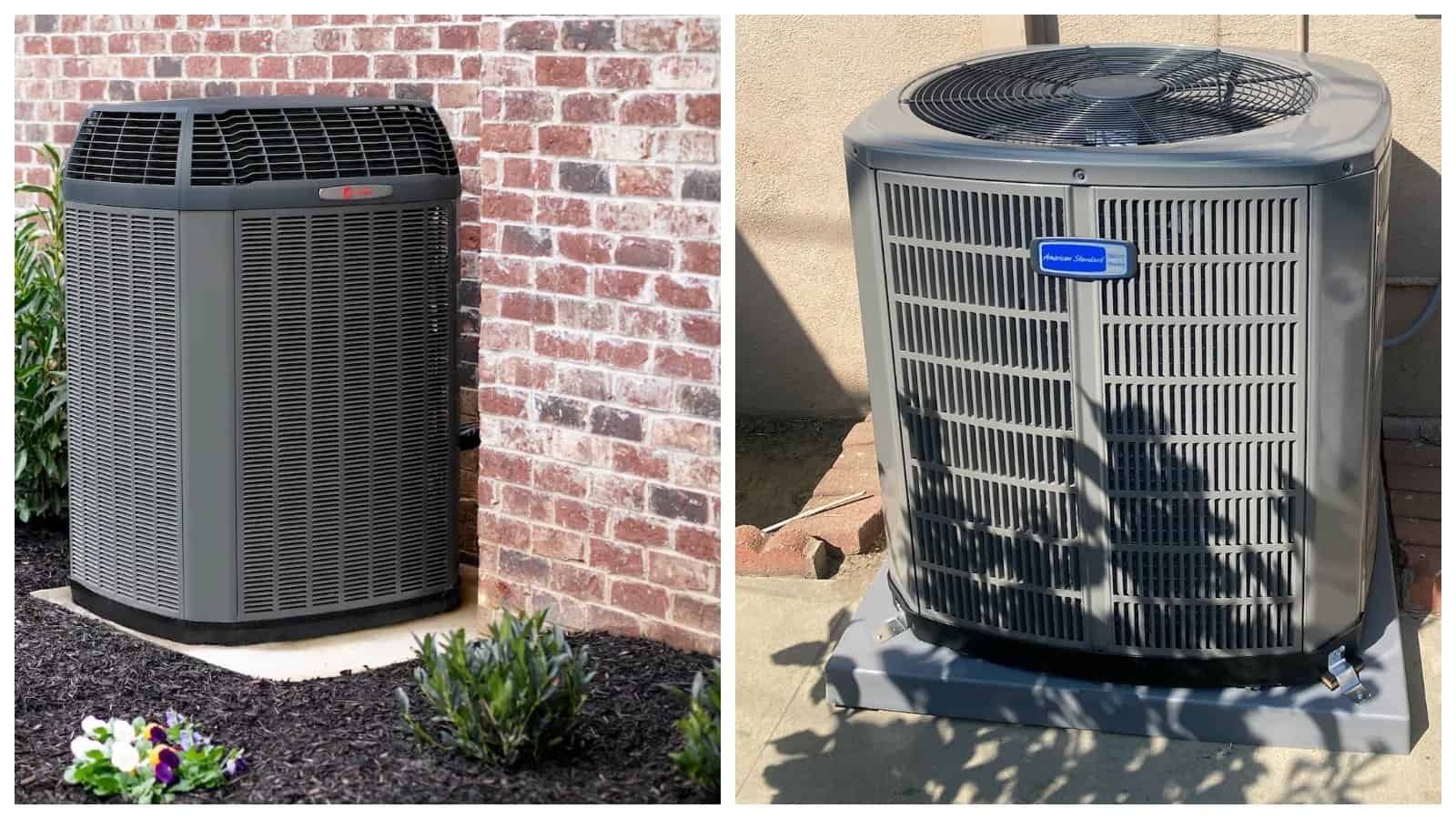 AC unit outside on a brick wall and concrete surface, with visible vents and fan.