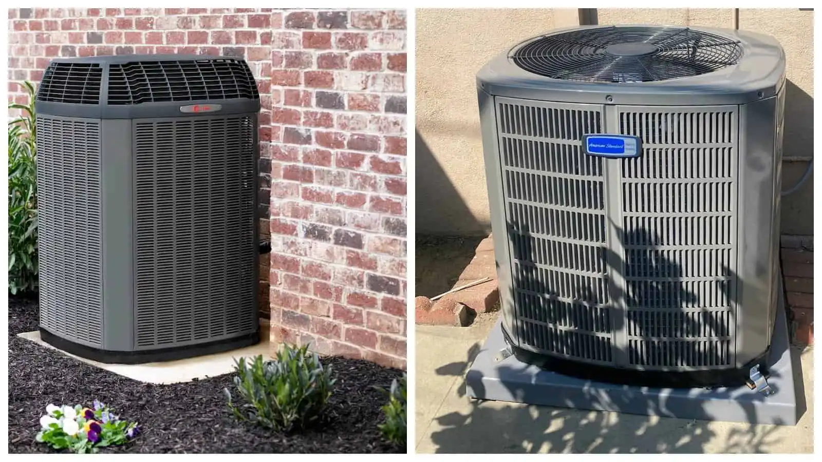 AC unit outside on a brick wall and concrete surface, with visible vents and fan.