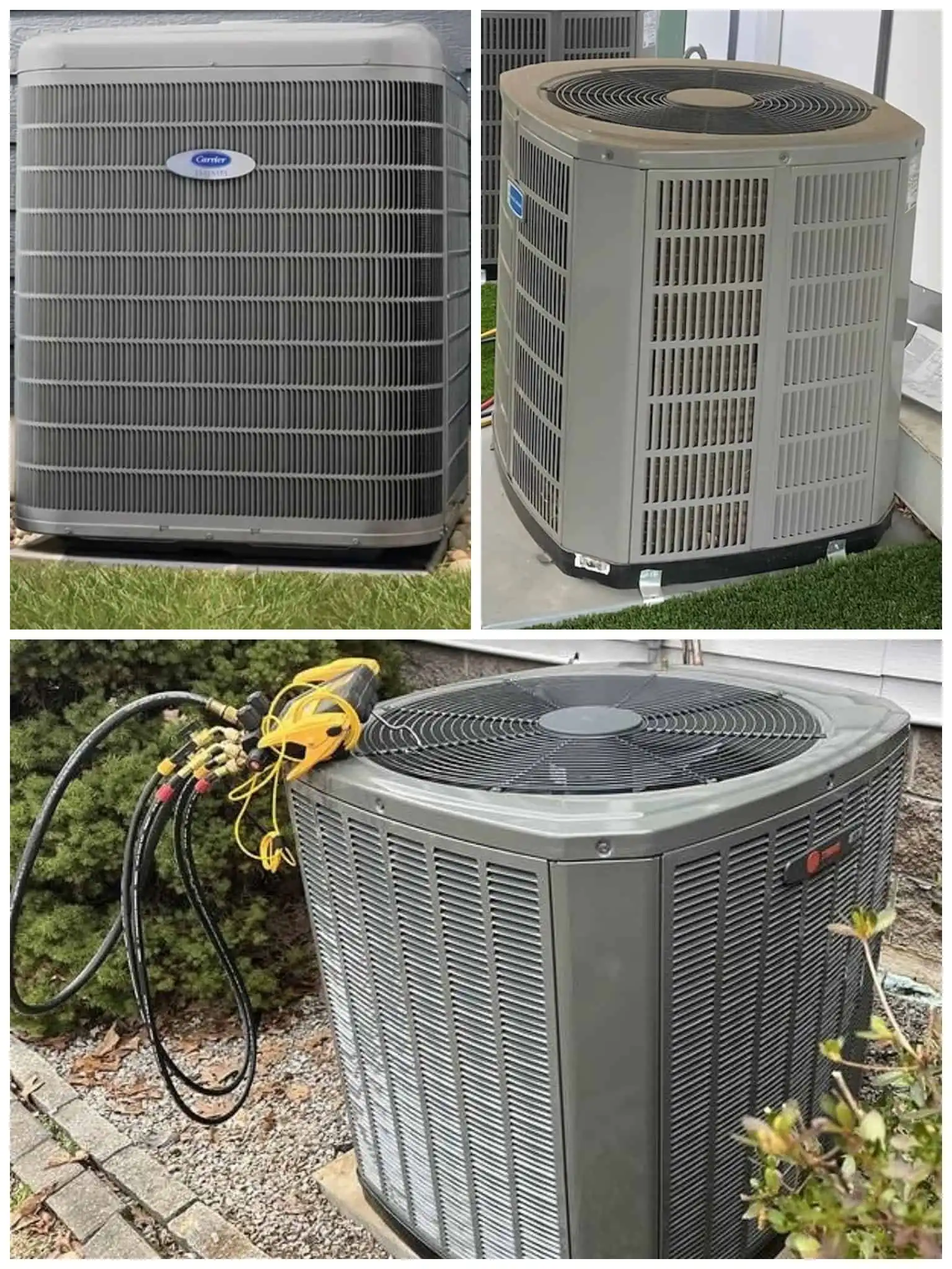 AC unit outside on grass and concrete, with electrical connections and outdoor environment.