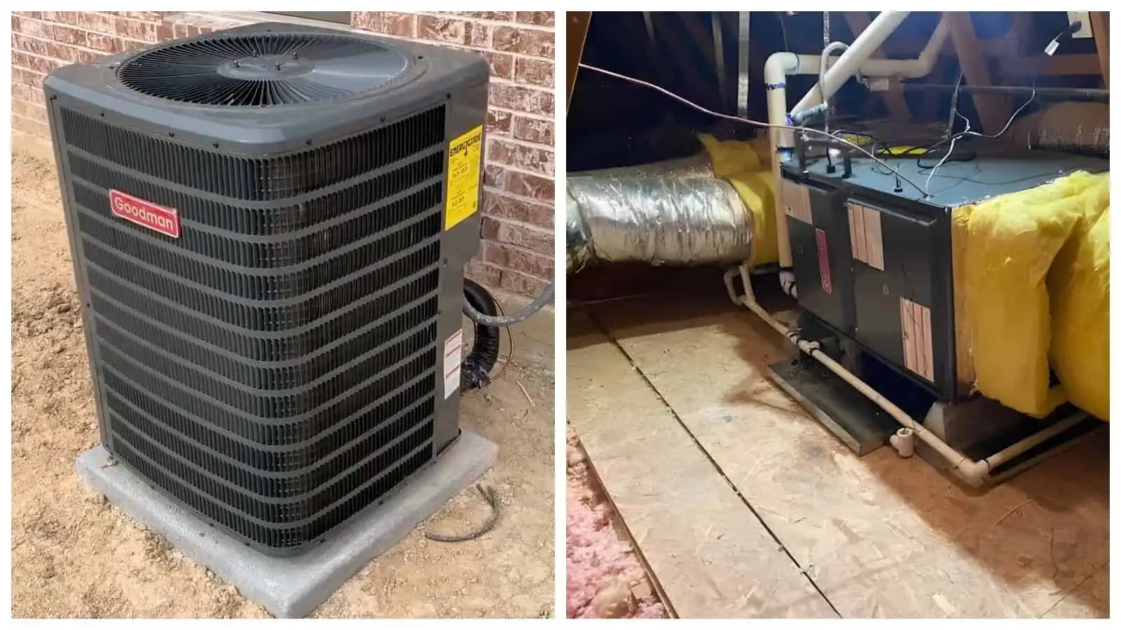 Efficiency outdoor HVAC air conditioning unit on concrete pad.