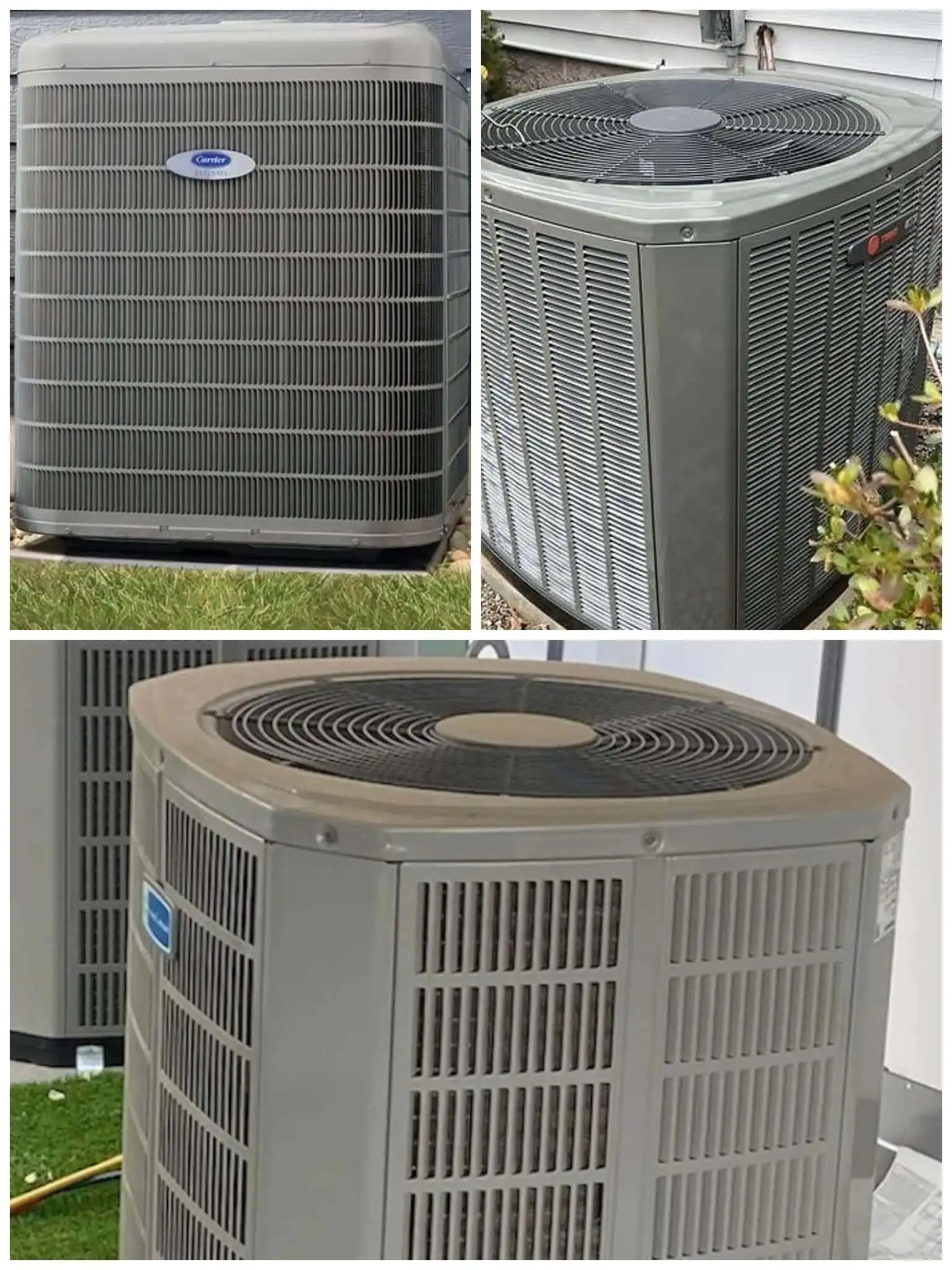 AC unit outdoor compressor in residential setting, three different models shown.