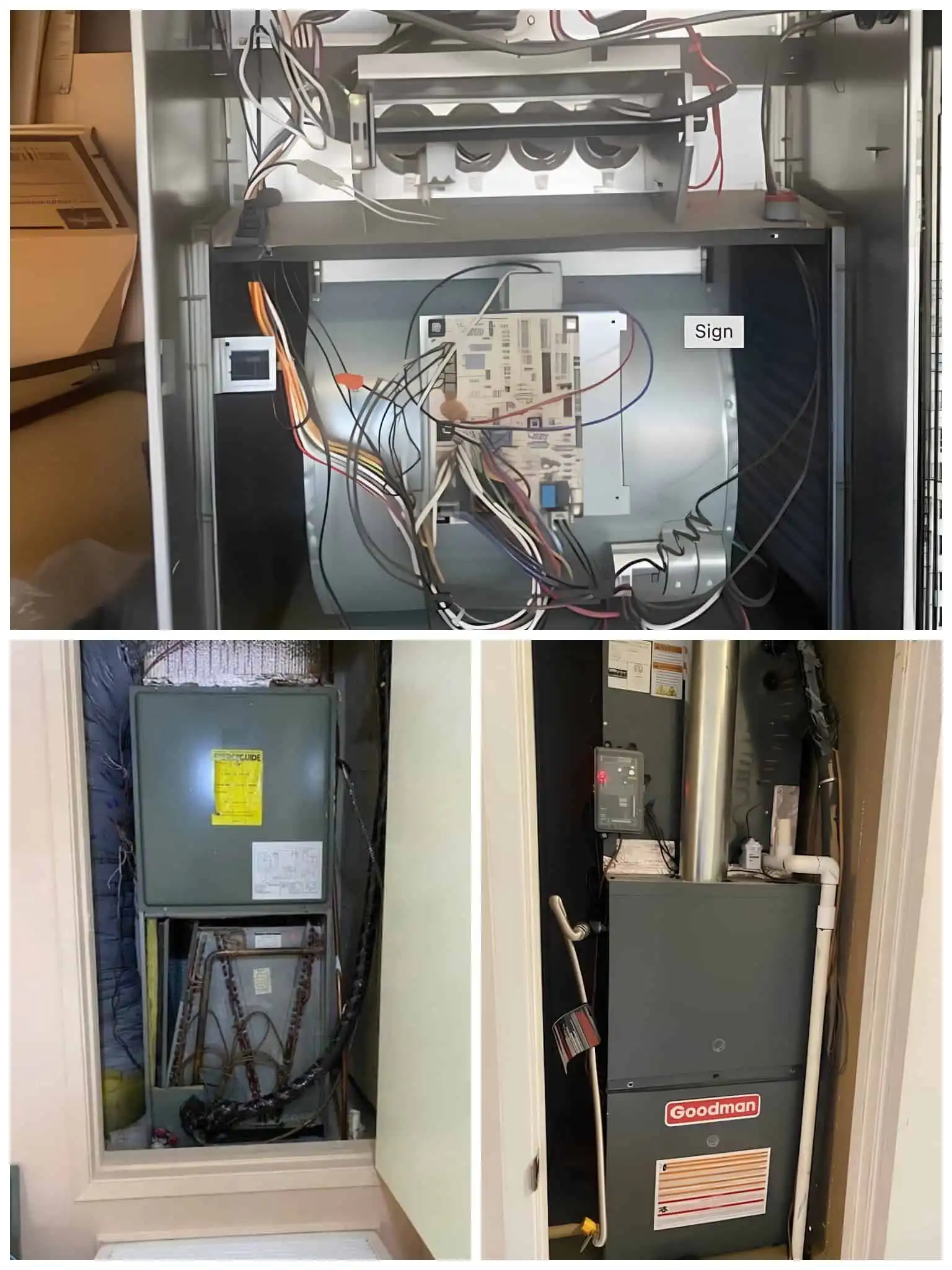 Electrical HVAC control panel with wiring and components inside a metal box.