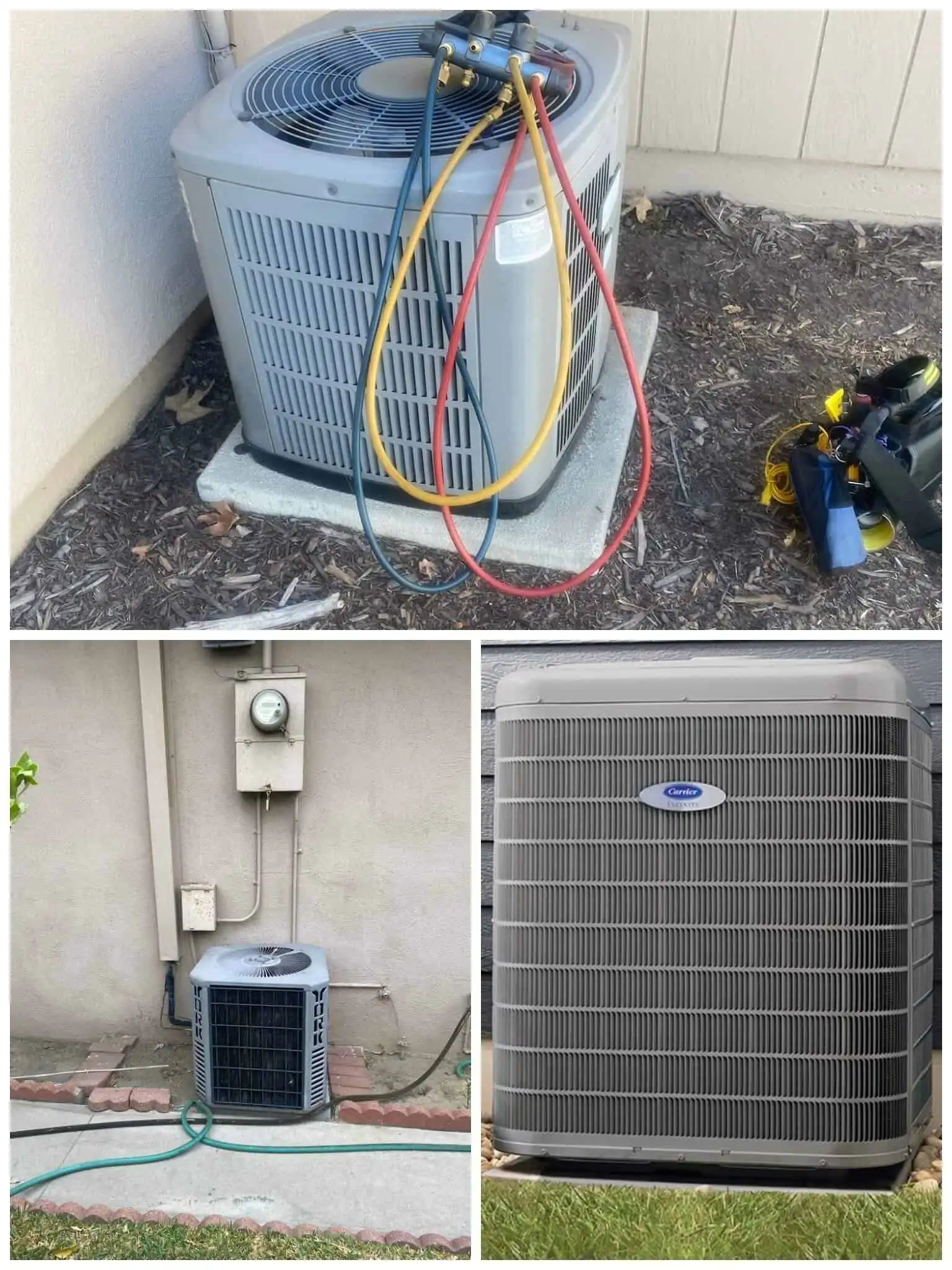 AC unit with refrigerant lines and tools outside the house.