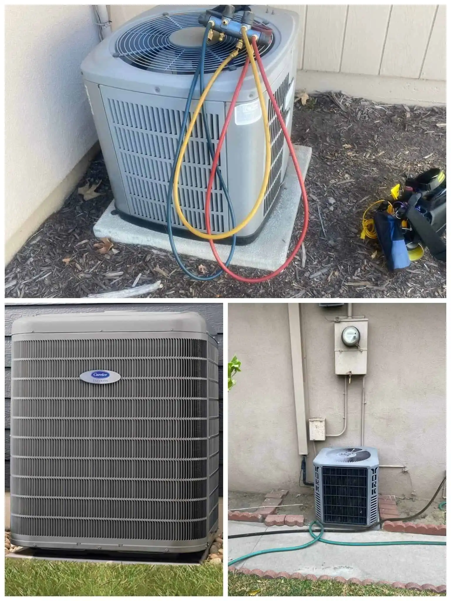 AC unit with refrigerant lines and gauges outside the house.