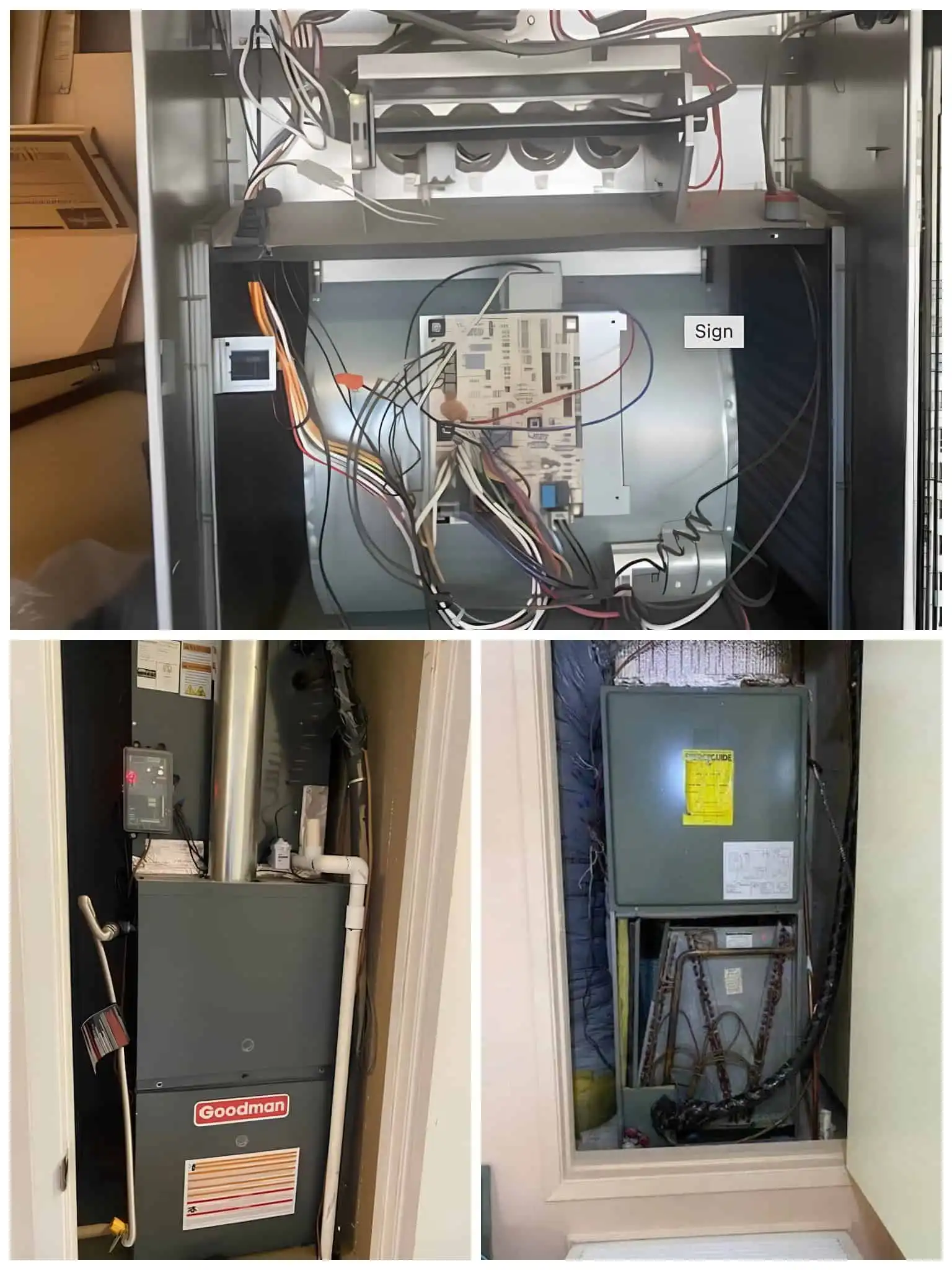 Electrical panel and HVAC system components inside a utility closet.