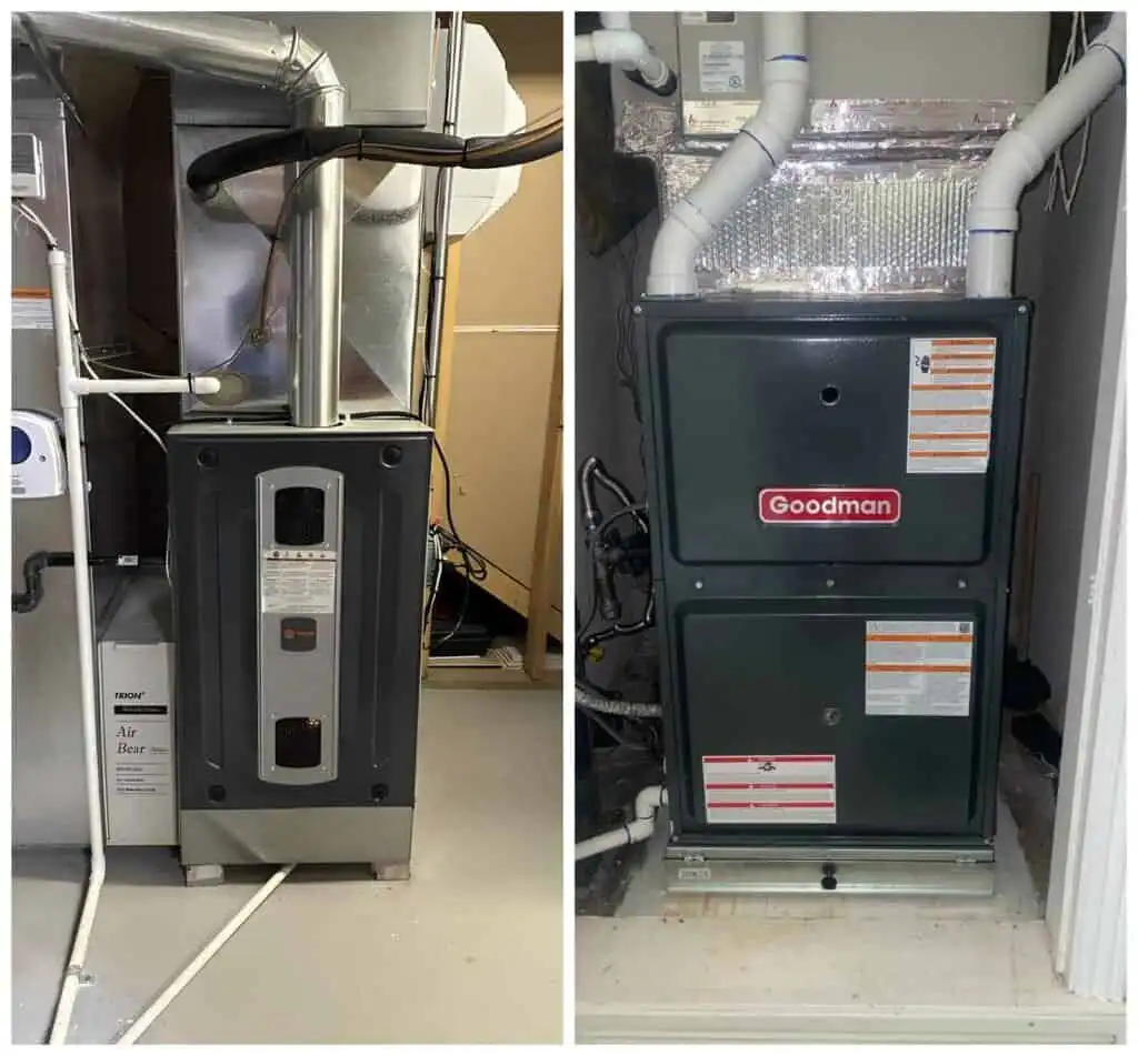HVAC furnace and air handler units in a utility room.