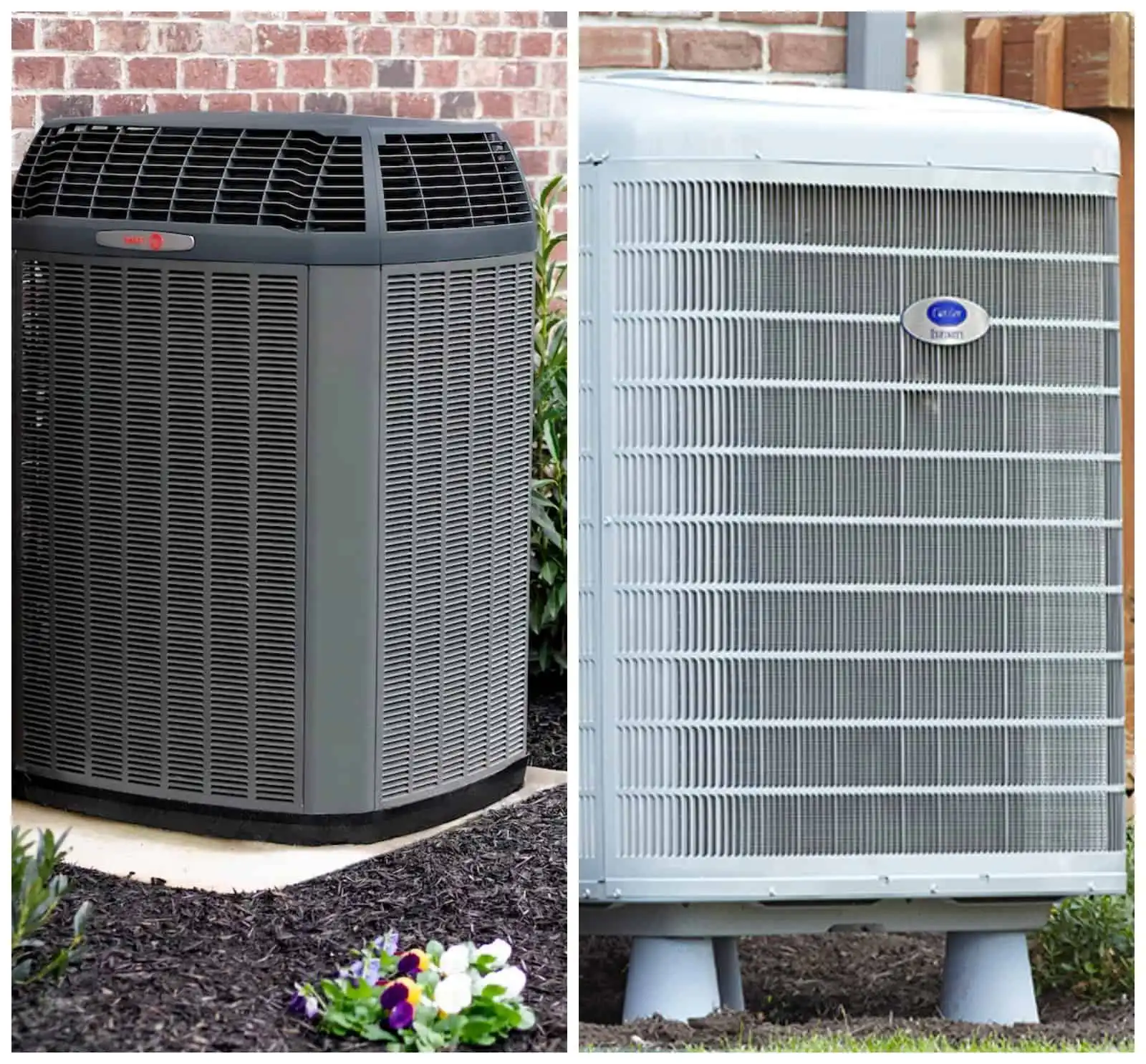 AC unit outside on a brick wall background.
