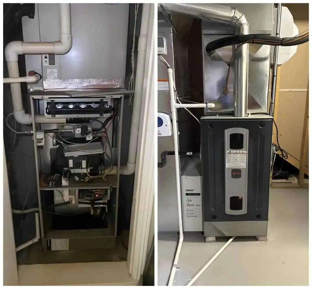 HVAC system components inside a utility closet with exposed pipes and wiring.