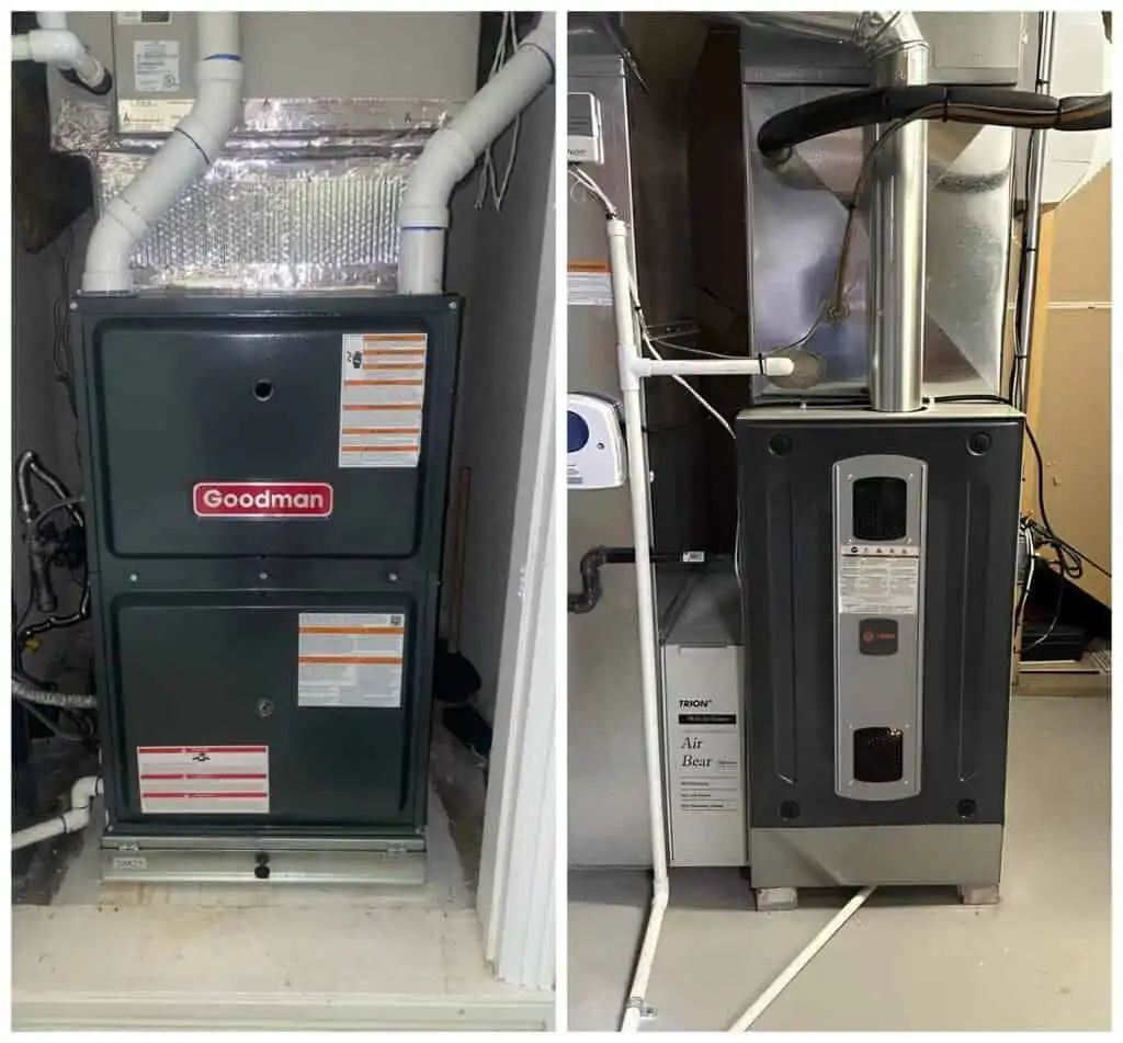 AC unit with Goodman branding and another HVAC system in a utility room.