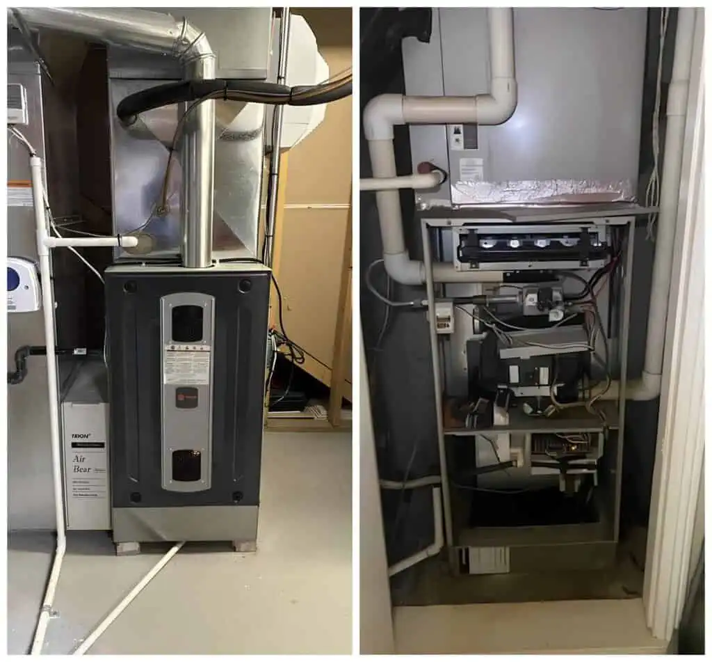 HVAC system with air handler and furnace components in a utility room.