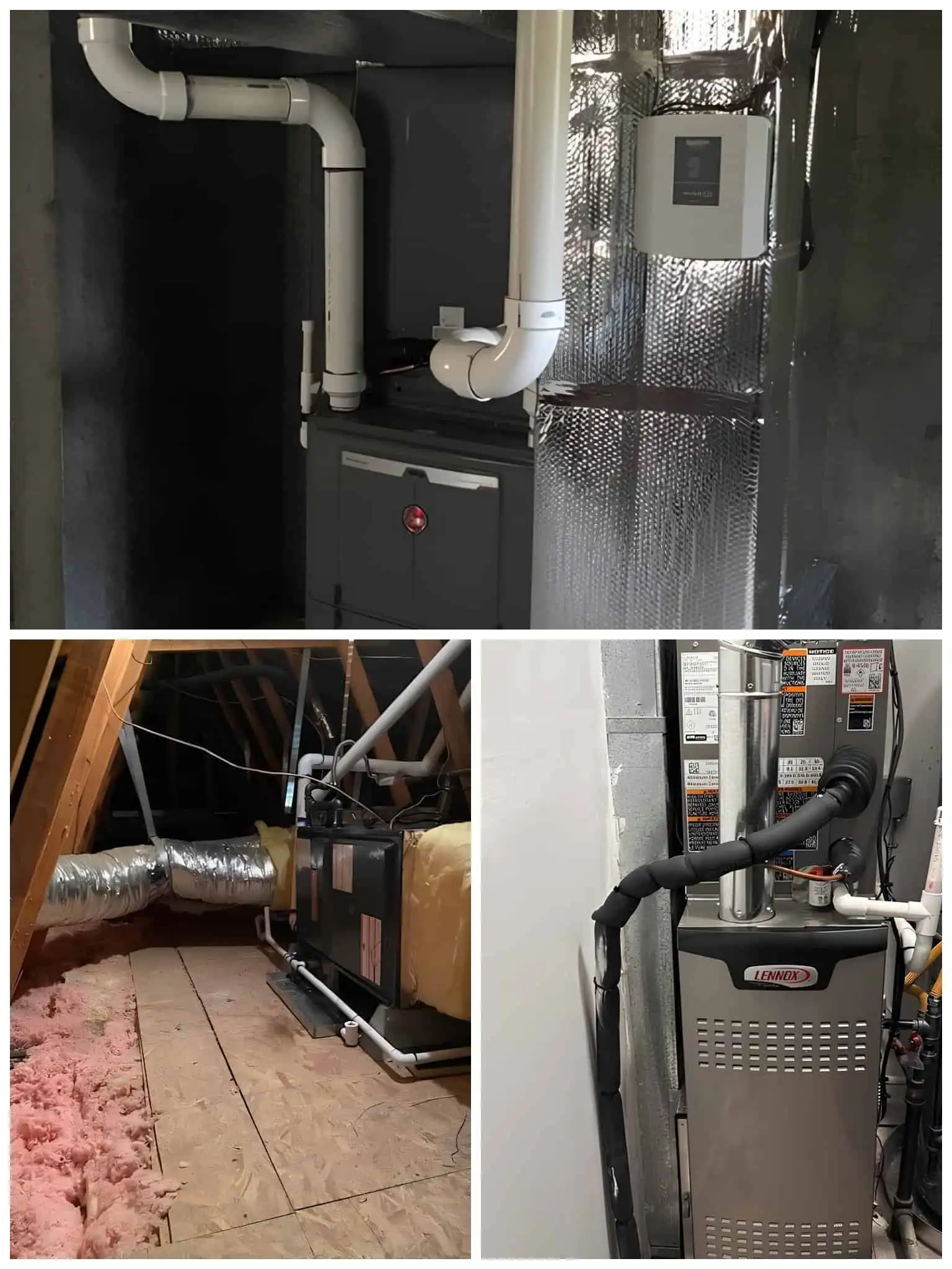 HVAC system components including ductwork, furnace, and control panel in a basement setting.
