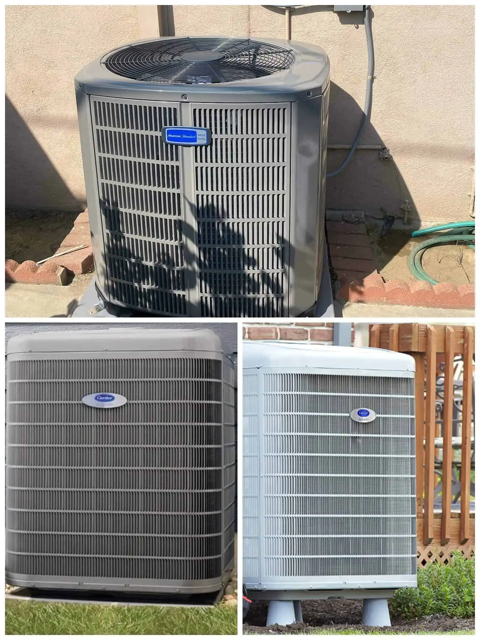 AC unit outside on a concrete pad, with a wall and garden hose nearby.