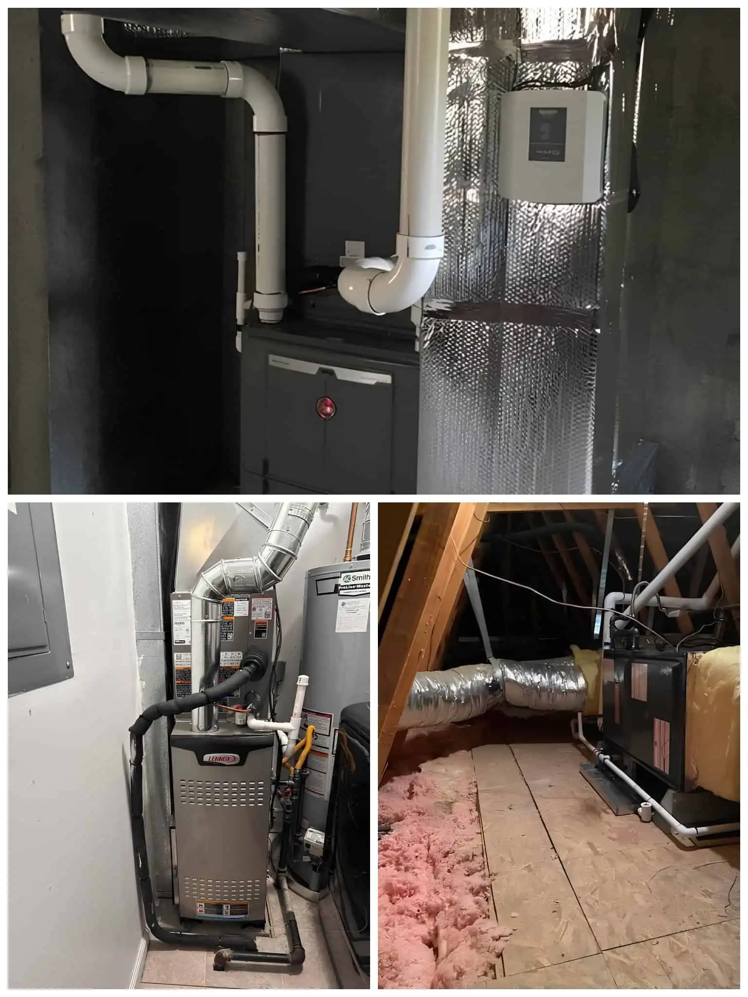 HVAC system components including ductwork, furnace, and control panel in a basement setting.