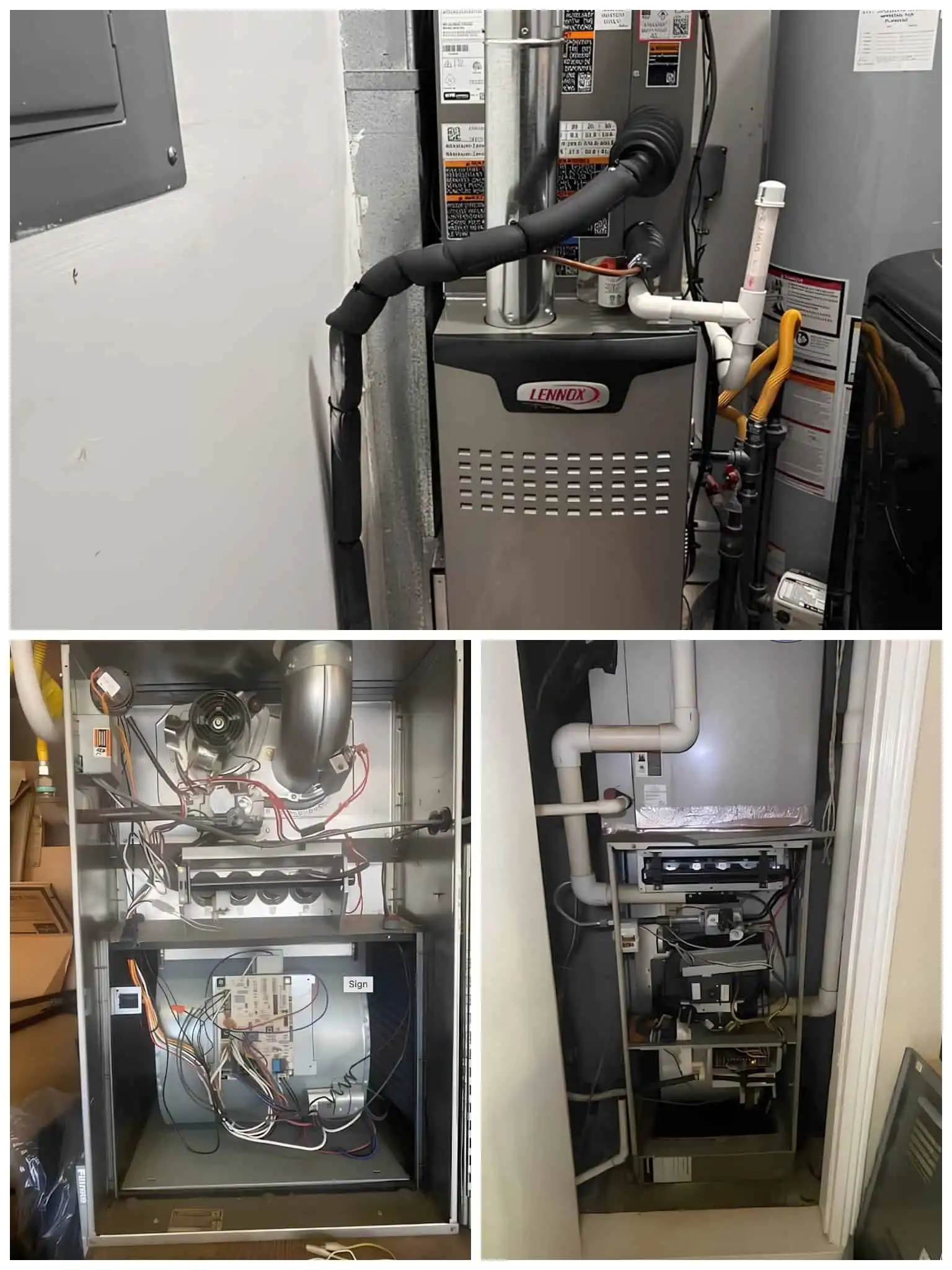 HVAC furnace and ductwork inside utility closet.