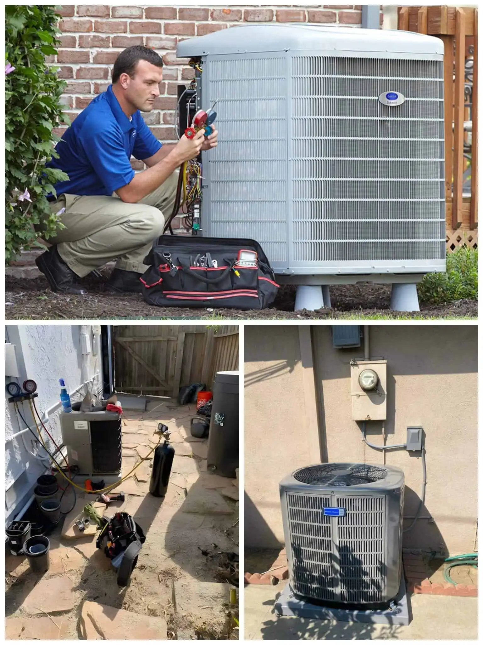HVAC servicing technician inspecting outdoor air conditioning units in residential settings.